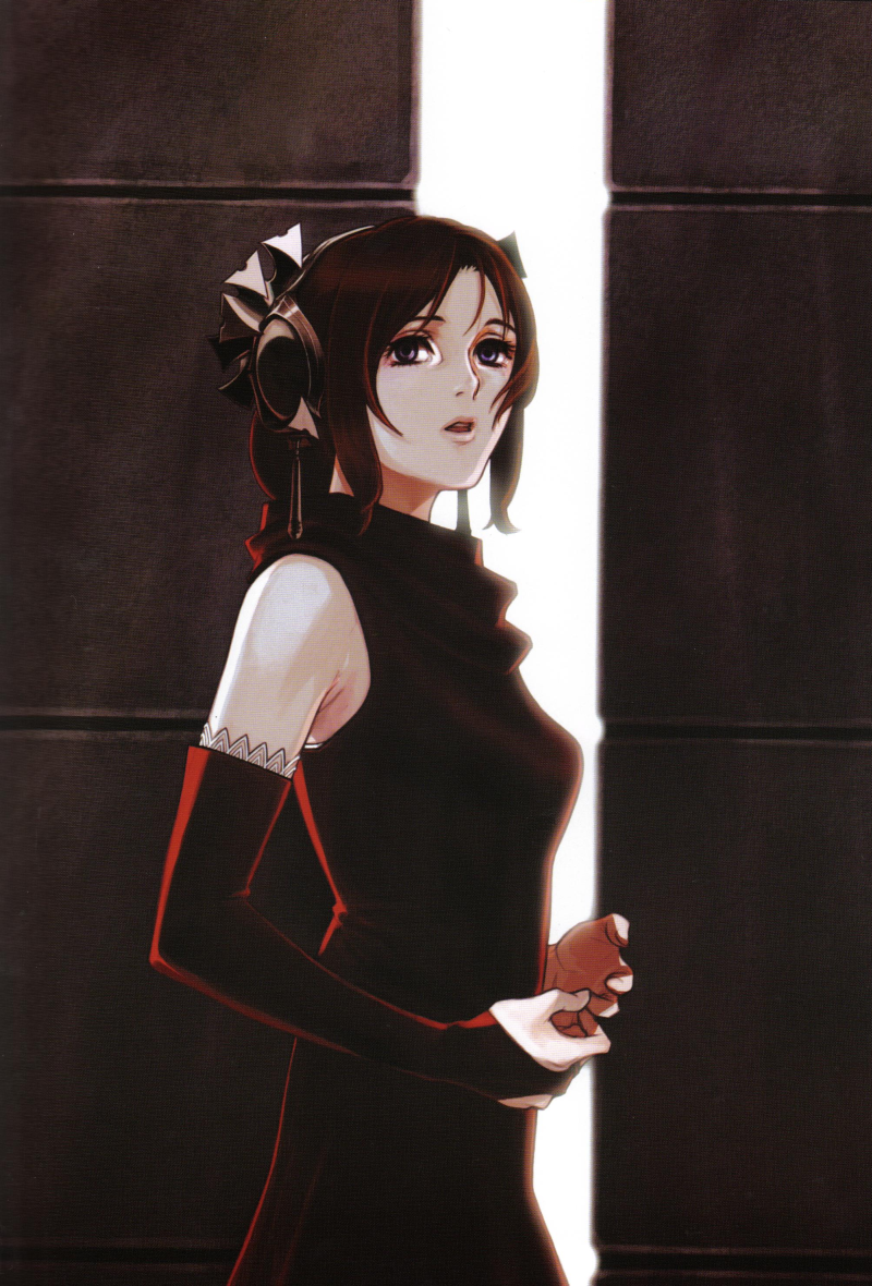 fujisaka kimihiko, furiae, drag-on dragoon, drag-on dragoon 1, non-web source, official art, 1girl, bare shoulders, bridal gauntlets, brown hair, dress, elbow gloves, evening gown, female focus, gloves, purple eyes, solo