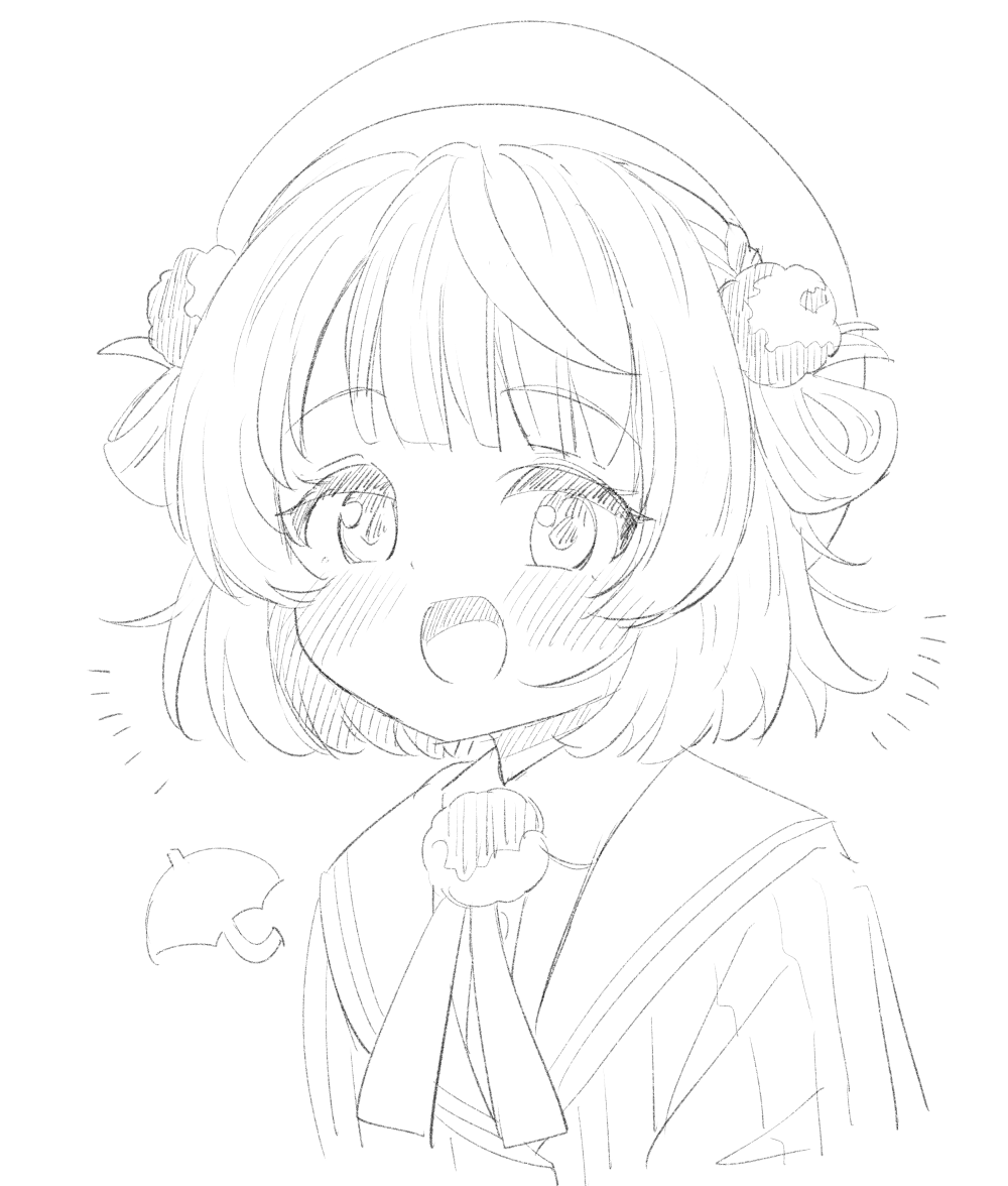 naegi (naegidokoro), shigure ui (vtuber), indie virtual youtuber, 1girl, :d, beret, blush, collared shirt, greyscale, hair rings, hat, looking at viewer, monochrome, open mouth, pinstripe jacket, pinstripe pattern, shirt, simple background, smile, solo, upper body, virtual youtuber, white background