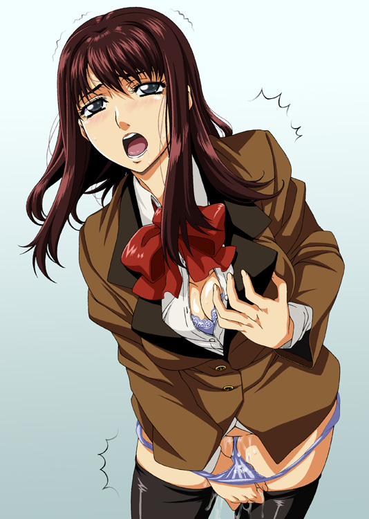 isse, original, 1girl, blue eyes, blue panties, blush, bow, bowtie, bra, breasts, brown hair, cleavage, female focus, female masturbation, fingering, grabbing another's breast, grabbing own breast, groping, large breasts, lingerie, long hair, masturbation, open clothes, open mouth, open shirt, panties, panty pull, pussy juice, school uniform, serafuku, shirt, solo, thighhighs, tongue, trembling, underwear