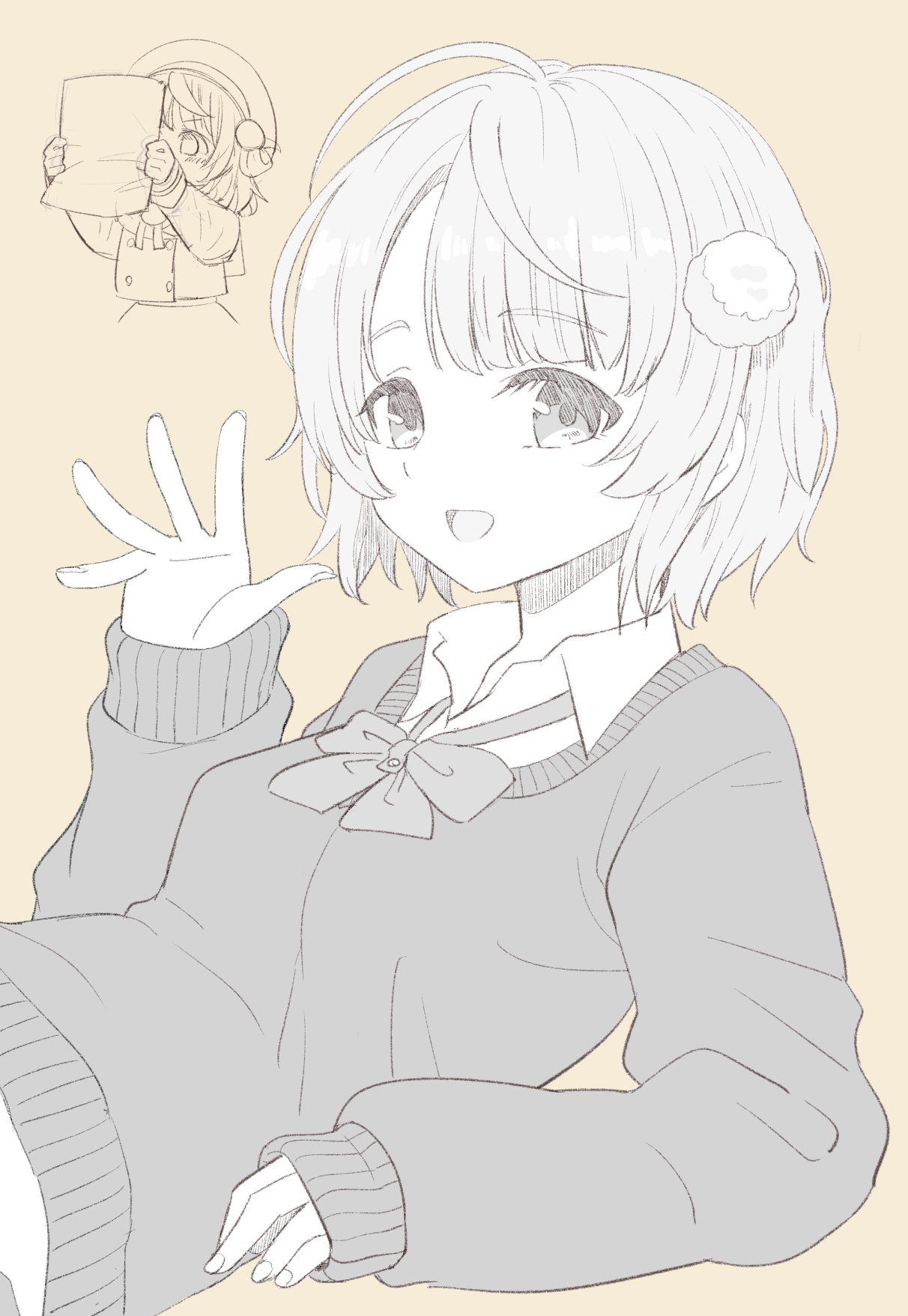 naegi (naegidokoro), shigure ui (vtuber), indie virtual youtuber, highres, 1girl, arms up, beret, bow, breasts, brown background, collared shirt, greyscale with colored background, hand up, hat, holding, jacket, long sleeves, multiple views, parted bangs, puffy long sleeves, puffy sleeves, shirt, simple background, skirt, sleeves past wrists, small breasts, sweater, virtual youtuber