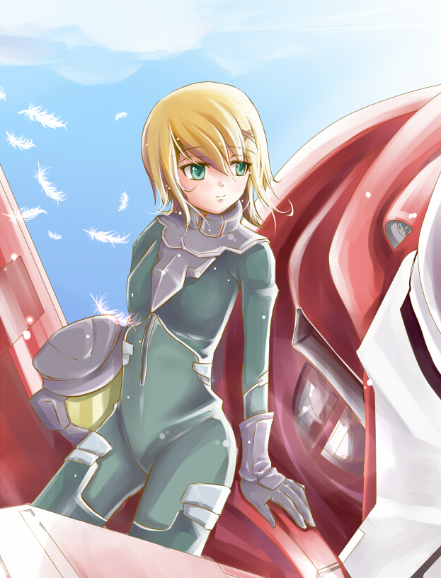 baraen, louise halevy, gundam, gundam 00, pilot suit, bad id, bad pixiv id, 00s, blonde hair, feathers, mecha, robot, short hair, solo