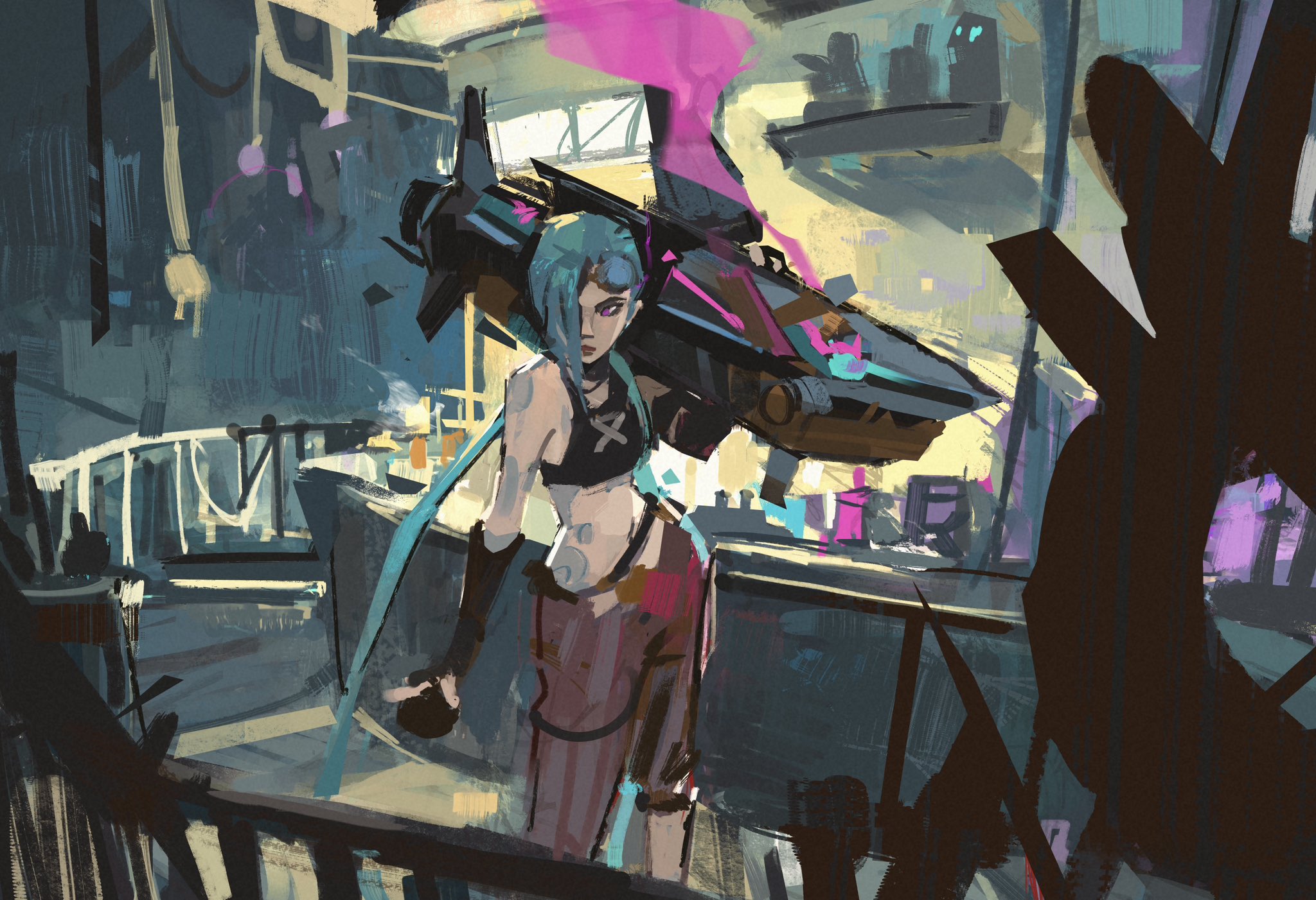 arcane jinx, jinx (league of legends), arcane: league of legends, league of legends, highres, 1girl, arm tattoo, blue hair, ethan lee, goggles, goggles on head, holding, holding rocket launcher, holding weapon, long hair, over shoulder, painterly, pants, purple eyes, rocket launcher, solo, standing, stomach tattoo, striped clothes, striped pants, tattoo, weapon, weapon over shoulder