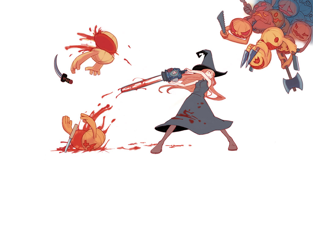 axe, chainsaw, hat, knife, long hair, orange hair, pumpkin, weapon, witch