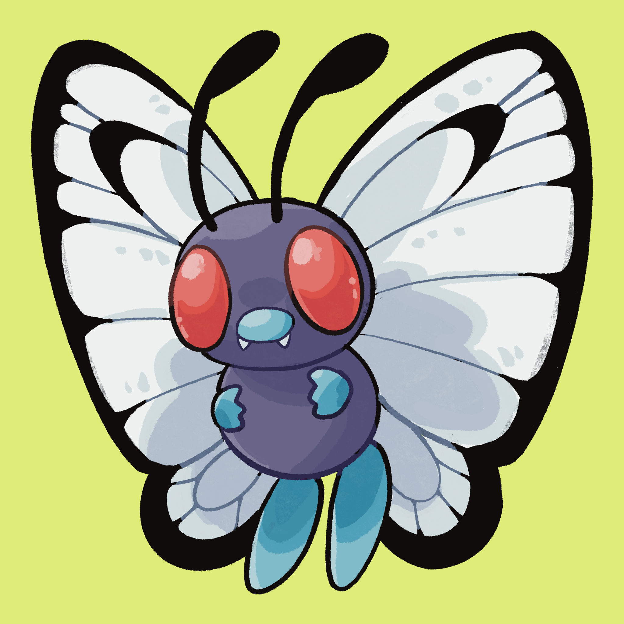 butterfree, nintendo, pokemon, highres, antennae, butterfly wings, gen 1 pokemon, insect wings, looking at viewer, no humans, pokemon (creature), simple background, solo, wings, yellow background, zerozerosenpai-art
