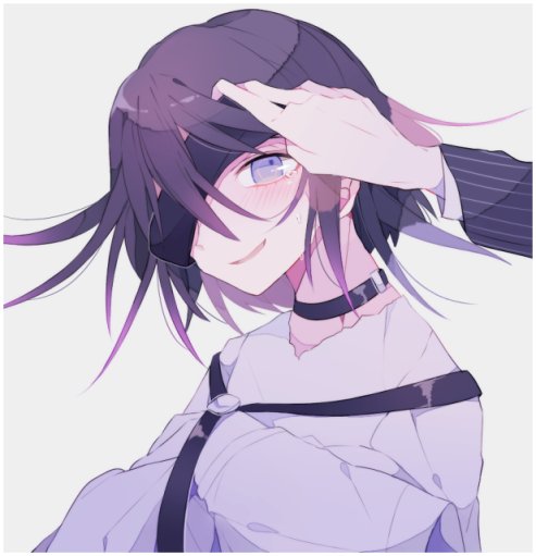 sakura (fein5862817), oma kokichi, saihara shuichi, danganronpa (series), danganronpa v3: killing harmony, commentary request, 2boys, adjusting another's clothes, belt, belt buckle, belt collar, black belt, blindfold, blush, border, bound, bound arms, buckle, collar, crossed arms, crying, crying with eyes open, grey background, hair between eyes, layered sleeves, long sleeves, male focus, multiple boys, nervous, nervous smile, open mouth, pale skin, pointy nose, purple eyes, purple hair, restrained, short hair, simple background, smile, solo focus, straitjacket, teardrop, tears, vertical-striped sleeves, white border