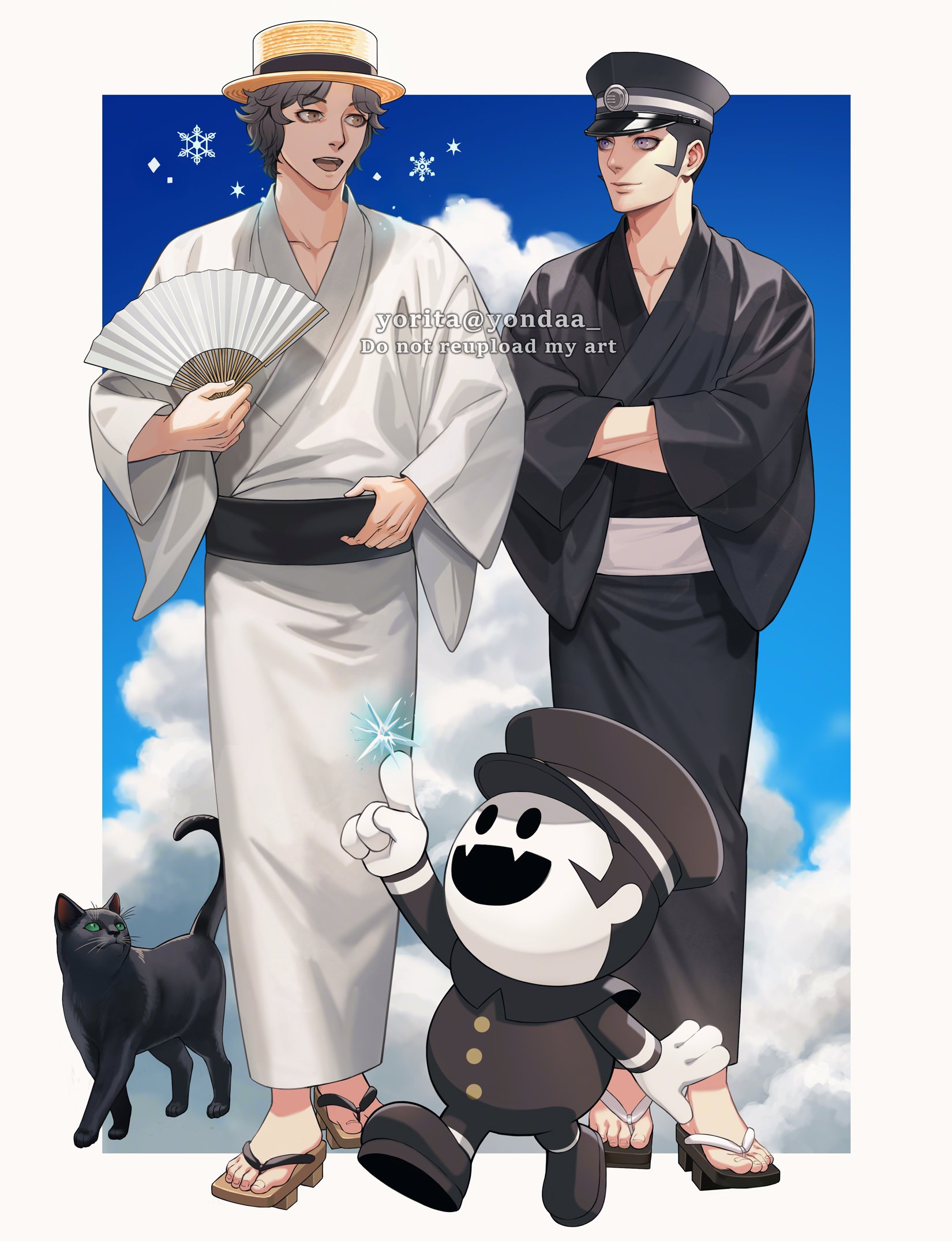 yorita (kick knock), gouto, kuzunoha raidou, narumi shouhei, raiho, devil summoner: raidou kuzunoha vs the soulless army, devil summoner (series), commentary request, highres, 2boys, :d, arm up, black capelet, black cat, black hair, black hat, black shoes, blue sky, border, brown eyes, buttons, capelet, cat, closed mouth, cloud, collarbone, crossed arms, cryokinesis, cumulonimbus cloud, curly hair, fangs, full body, gakuran, geta, grey eyes, hand fan, hat, holding, holding fan, ice, icicle, index finger raised, japanese clothes, kimono, long sleeves, looking at another, looking to the side, magic, male focus, multiple boys, open mouth, paper fan, peaked cap, school uniform, shoes, short hair, sideburns, sky, smile, snowflakes, solid oval eyes, teeth, toenails, toes, twitter username, upper teeth only, very short hair, walking, white border, white kimono, wide sleeves