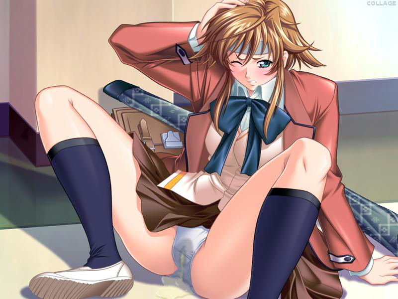 yokota mamoru, minaguchi yuika, terios, yatohime zankikou, 1girl, black bow, black bowtie, black shirt, bow, bowtie, breasts, brown hair, brown jacket, brown skirt, crotch seam, green eyes, headband, jacket, kneehighs, large breasts, long sleeves, one eye closed, open clothes, open jacket, panties, peeing, peeing self, puddle, school uniform, serafuku, shirt, shoes, short hair, skirt, socks, spread legs, teeth, underwear, vest, wet, wet clothes, wet panties, white panties, white shirt, white shoes
