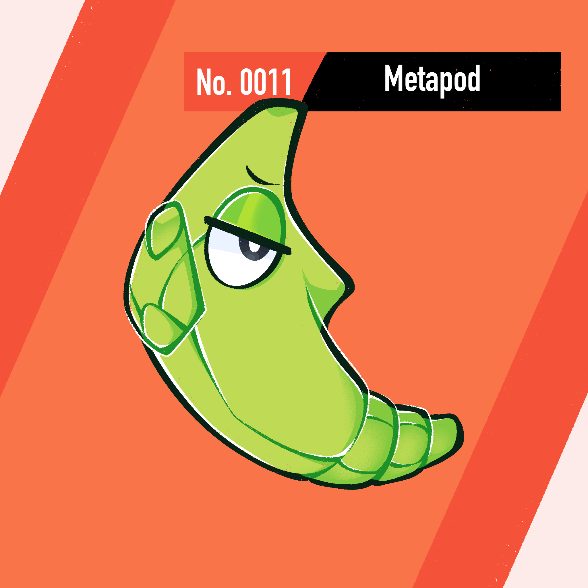 eggmilky, metapod, nintendo, pokemon, highres, character name, gen 1 pokemon, no humans, numbered, orange background, pokemon (creature), solo, striped background