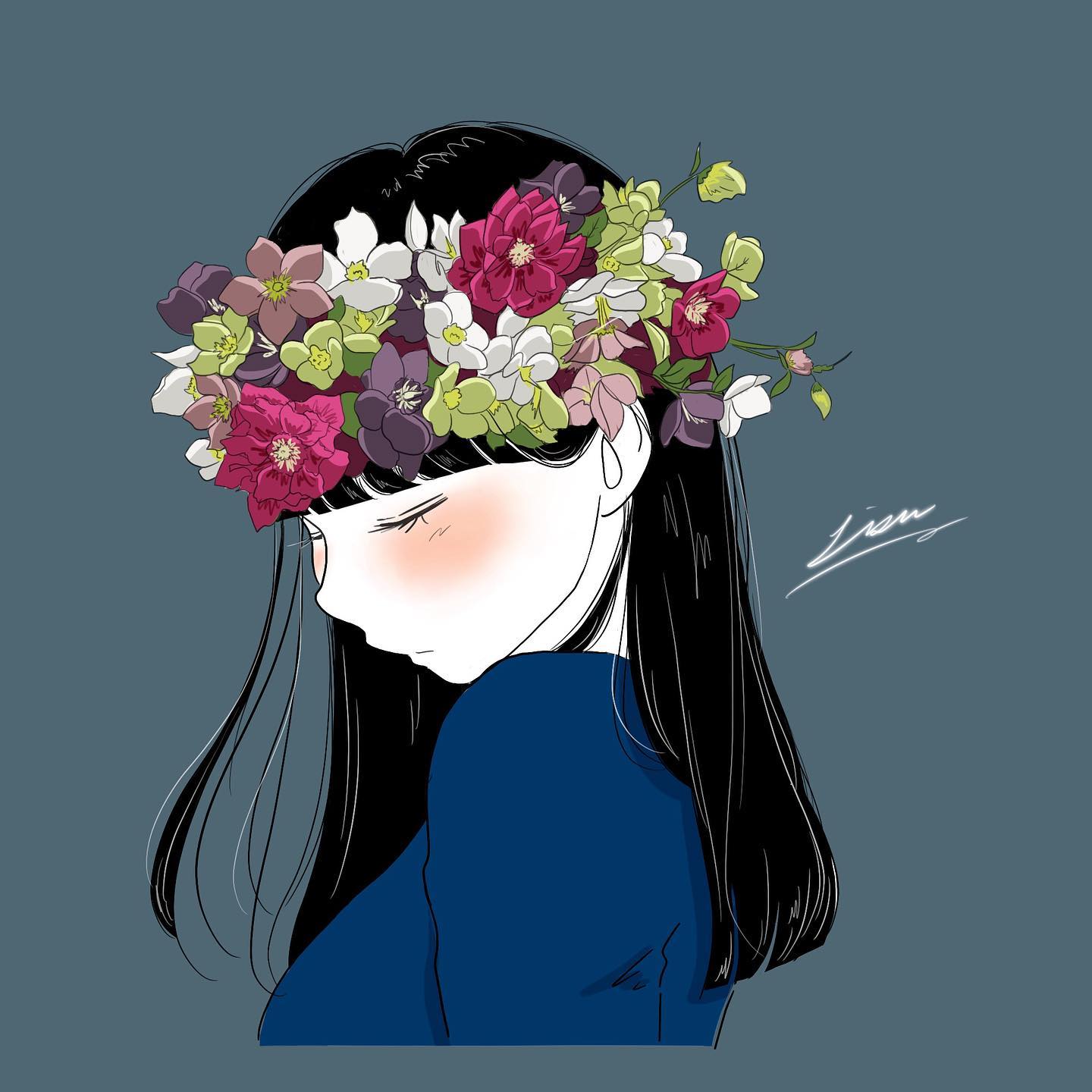 lisa (illustsan430), original, commentary request, flower request, highres, 1girl, artist name, black hair, blue background, blue shirt, blunt bangs, blush, closed eyes, closed mouth, cropped torso, flower, flower wreath, from side, green flower, head down, head wreath, long hair, pink flower, purple flower, red flower, shirt, signature, simple background, solo, turning head, upper body, white flower