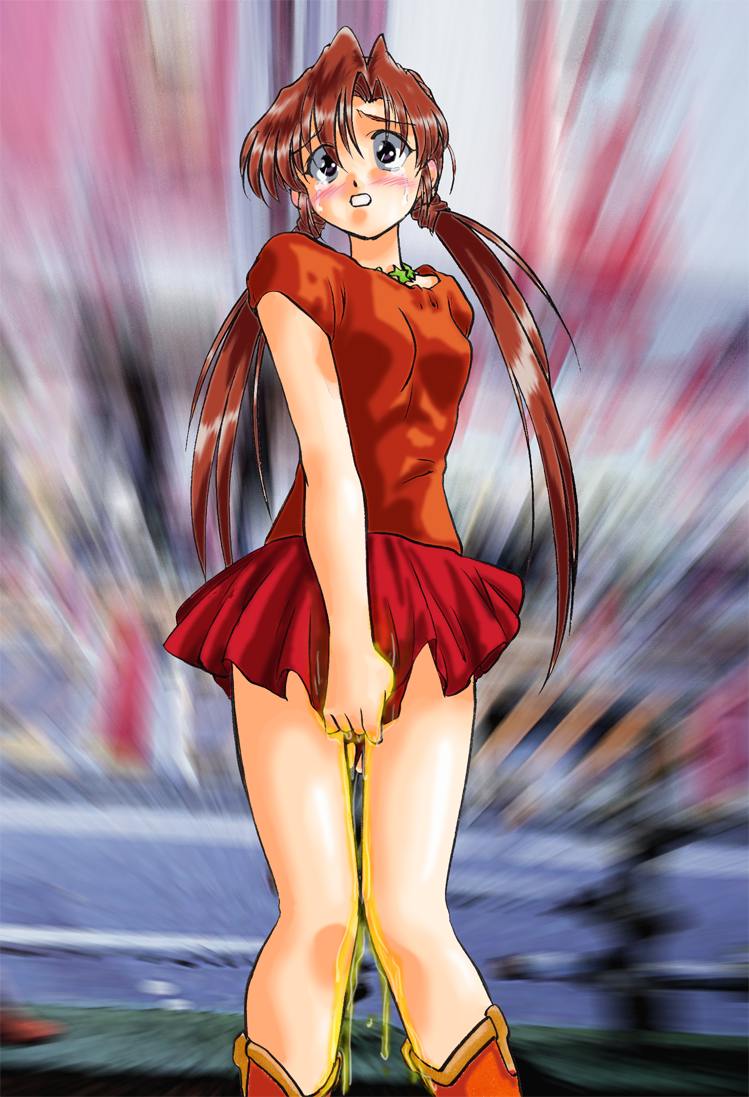 red footwear, artist request, 1girl, black eyes, blurry, blurry background, blush, boots, breasts, brown hair, embarrassed, long hair, low twintails, open mouth, parted lips, peeing, peeing self, public indecency, red shirt, red skirt, shirt, short sleeves, skirt, small breasts, standing, tears, teeth, twintails