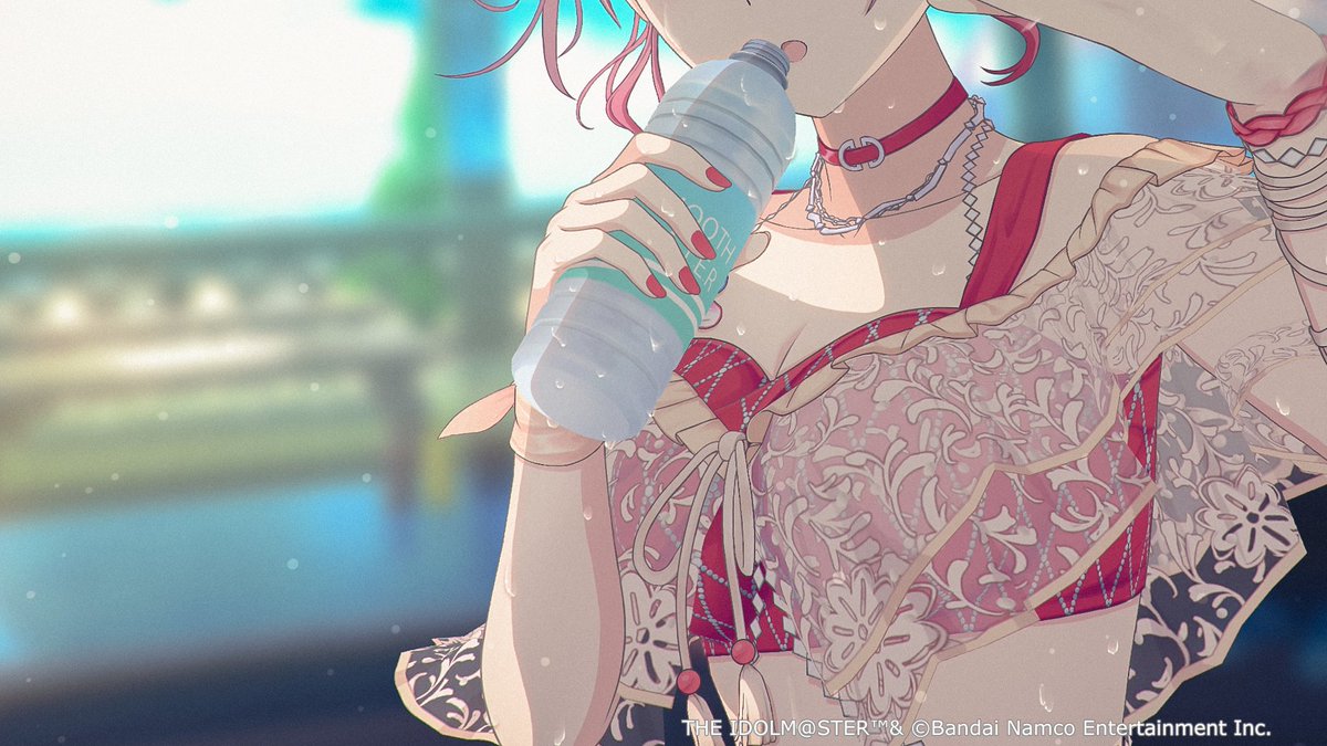 asakura toru, idolmaster, idolmaster shiny colors, idolmaster shiny colors song for prism, official art, 1girl, bare shoulders, bracelet, breasts, curly hair, drinking, jewelry, multicolored hair, necklace, open mouth, red nails, solo, sweat, swimsuit