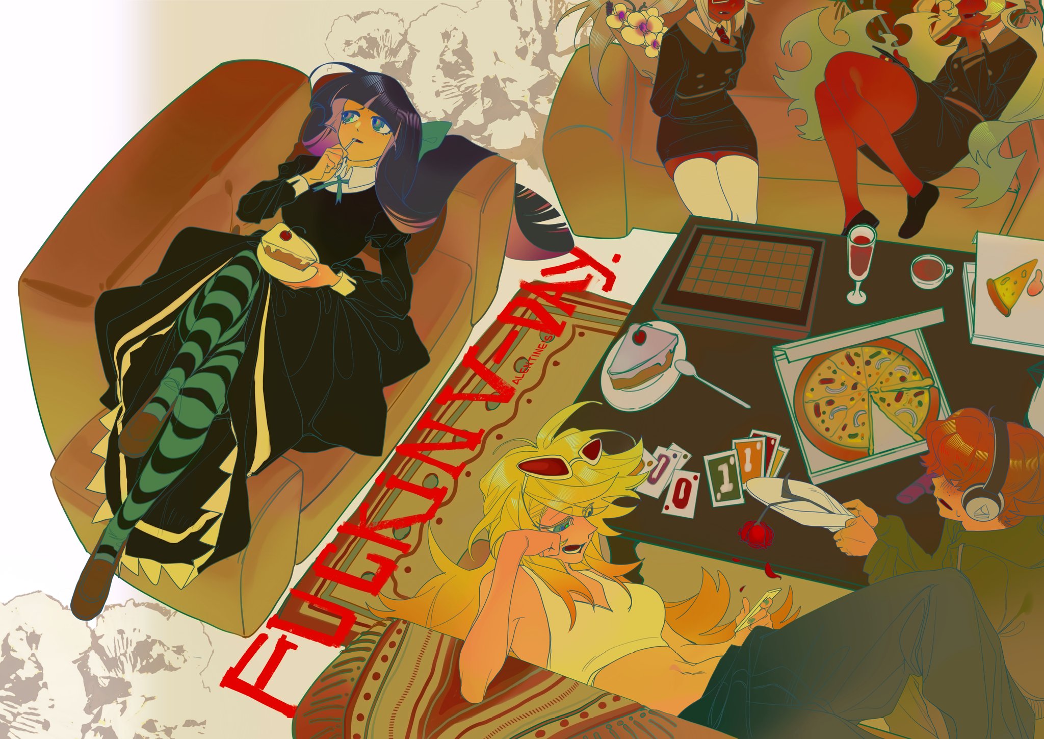 guru.zong, brief (psg), kneesocks (psg), panty (psg), scanty (psg), stocking (psg), panty & stocking with garterbelt, highres, 1boy, 4girls, bag, blonde hair, blue hair, bow, closed eyes, colored skin, couch, demon girl, demon horns, dress, food, glasses, green hair, hair bow, horns, long hair, looking at another, midriff, multiple girls, pants, ponytail, red skin, simple background, single horn, sitting, table, tank top, thighhighs, white background