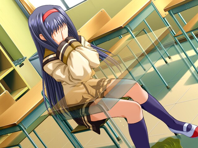 sumeragi yuusuke, blackrainbow (company), saimin gakuen, 1girl, blue socks, brown shirt, chair, classroom, covering face, covering privates, desk, dutch angle, embarrassed, female focus, hairband, hands up, kneehighs, long hair, long sleeves, miniskirt, peeing, peeing self, puddle, purple hair, school, school uniform, serafuku, shirt, shoes, sitting, skirt, socks, solo, table, uwabaki, white shoes, window