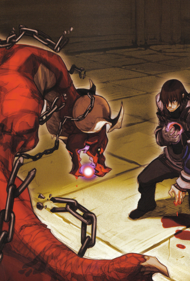 fujisaka kimihiko, angel (drag-on dragoon), caim (drag-on dragoon), drag-on dragoon, drag-on dragoon 1, red dragon, non-web source, official art, 1boy, blood, brown hair, chain, colored skin, dragon, fantasy, male focus, red skin, short hair, solo