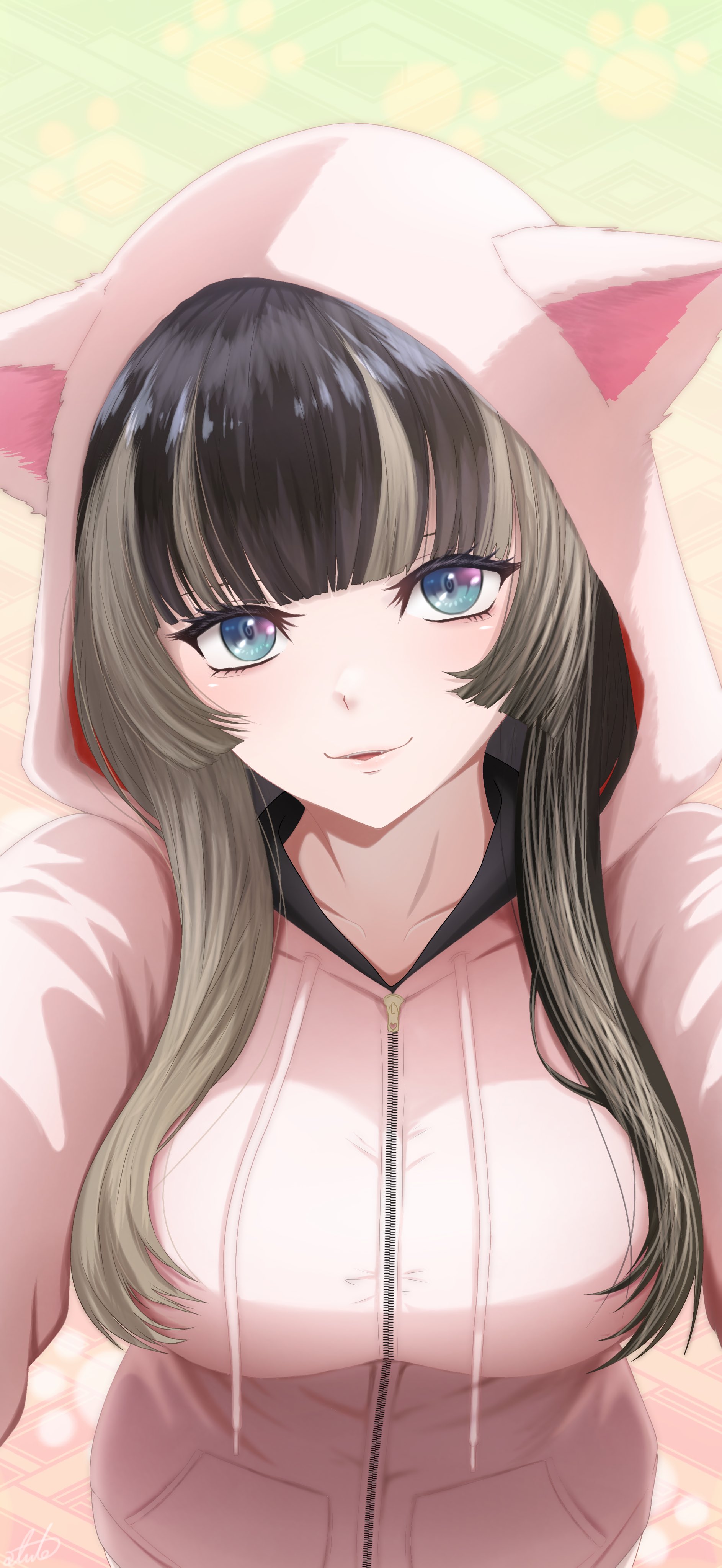 kuroiaruto, juufuutei raden, hololive, hololive dev is, absurdres, highres, animal hood, black hair, blue eyes, blunt bangs, breasts, cat hood, drawstring, fangs, gradient background, green background, grey hair, head tilt, hood, hood up, hoodie, large breasts, long hair, long sidelocks, looking at viewer, multicolored hair, parted lips, paw print, paw print background, pink background, pink hoodie, reaching, reaching towards viewer, sidelocks, signature, smile, streaked hair, two-tone hair, upper body, zipper