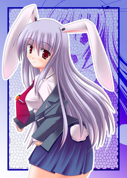 tukuyo kiriyuki, reisen udongein inaba, touhou, bad id, bad pixiv id, 1girl, animal ears, business suit, female focus, formal clothes, long hair, necktie, purple hair, rabbit ears, rabbit girl, rabbit tail, red eyes, red necktie, skirt, skirt suit, solo, suit, tail
