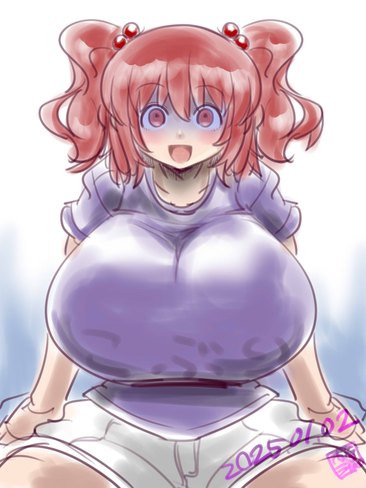 itini-sanshi, onozuka komachi, shishou (cookie), cookie (touhou), touhou, commentary request, highres, 1girl, :d, blush, breasts, cowboy shot, dated, hair bobbles, hair ornament, huge breasts, looking at viewer, medium hair, open mouth, purple shirt, red eyes, red hair, shaded face, shirt, short sleeves, shorts, sitting, smile, solo, two side up, white background, white shorts
