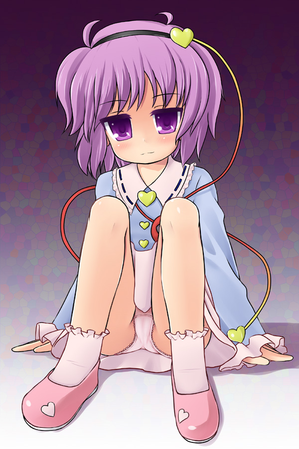 katou, katou kaiou, komeiji satori, touhou, 1girl, female focus, full body, gradient background, hairband, heart, panties, pink hair, purple eyes, short hair, skirt, solo, underwear
