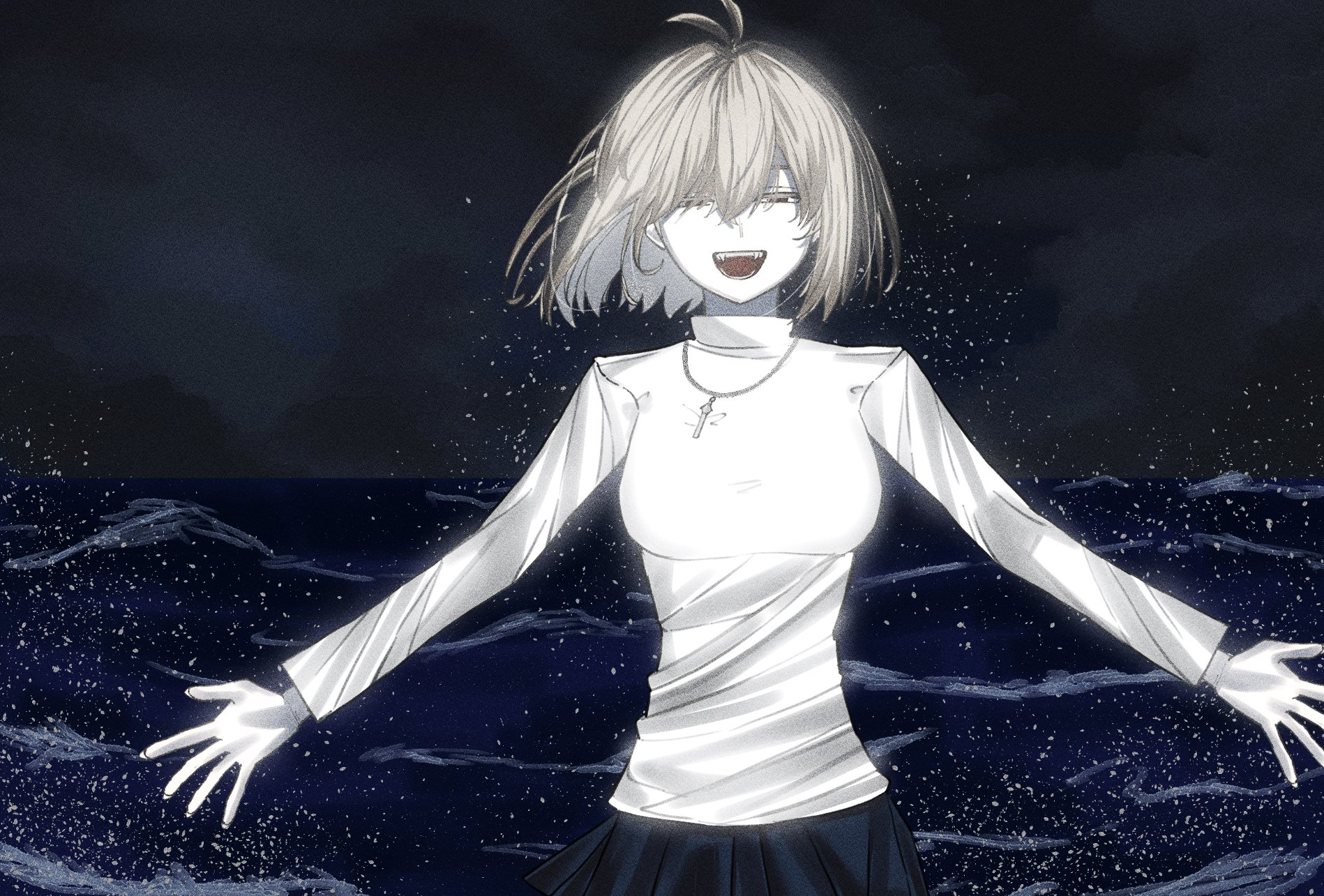 musi 2nd, arcueid brunestud, tsukihime, tsukihime (remake), highres, 1girl, ahoge, arms at sides, blonde hair, blue skirt, breasts, cloud, cloudy sky, fangs, floating hair, hair between eyes, happy, jewelry, looking at viewer, necklace, ocean, open hands, open mouth, red eyes, sharp teeth, skirt, sky, smile, sweater, teeth, wavy hair, white sweater