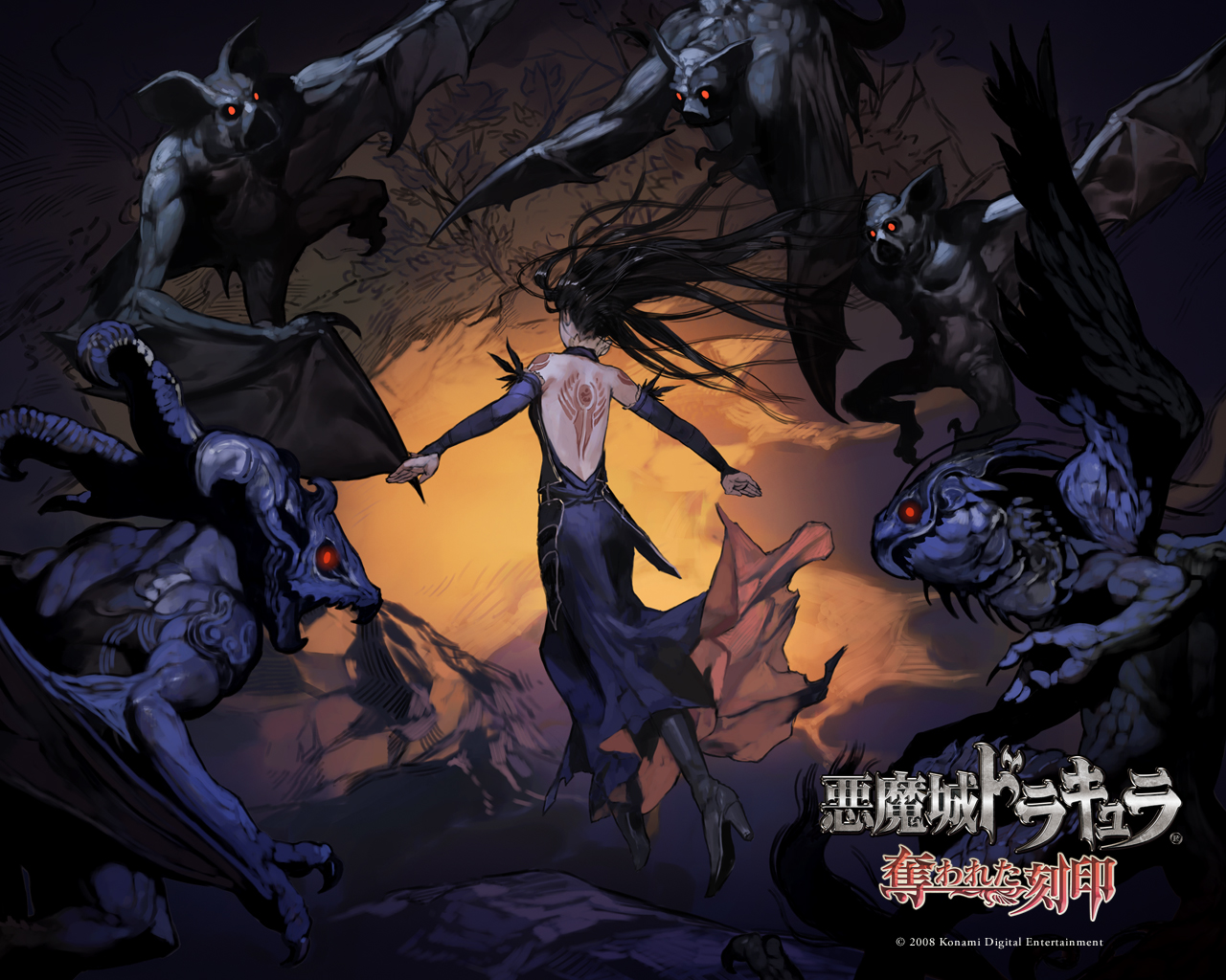 hirooka masaki, shanoa (castlevania), castlevania: order of ecclesia, castlevania (series), official art, official wallpaper, 1girl, backless outfit, black hair, dress, goth fashion, high heels, long hair, monster, shoes