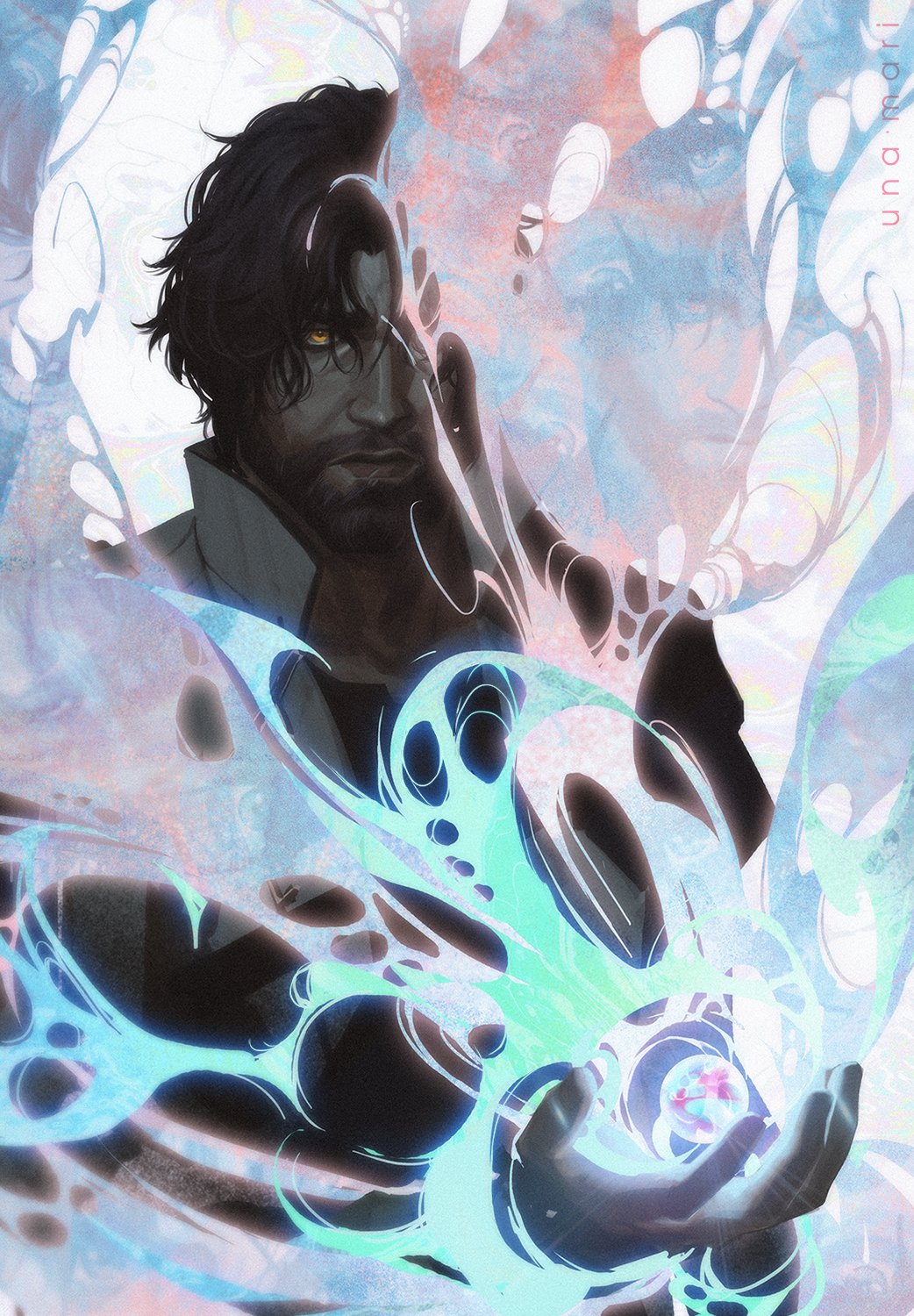 arcane jayce, jayce (league of legends), arcane: league of legends, league of legends, highres, 1boy, arcane survivor jayce, artist name, beard, black hair, brown eyes, closed mouth, coat, facial hair, frown, hand up, hex core, looking ahead, looking at viewer, magic, male focus, object floating above hand, short hair, solo, unamari, upper body, white coat