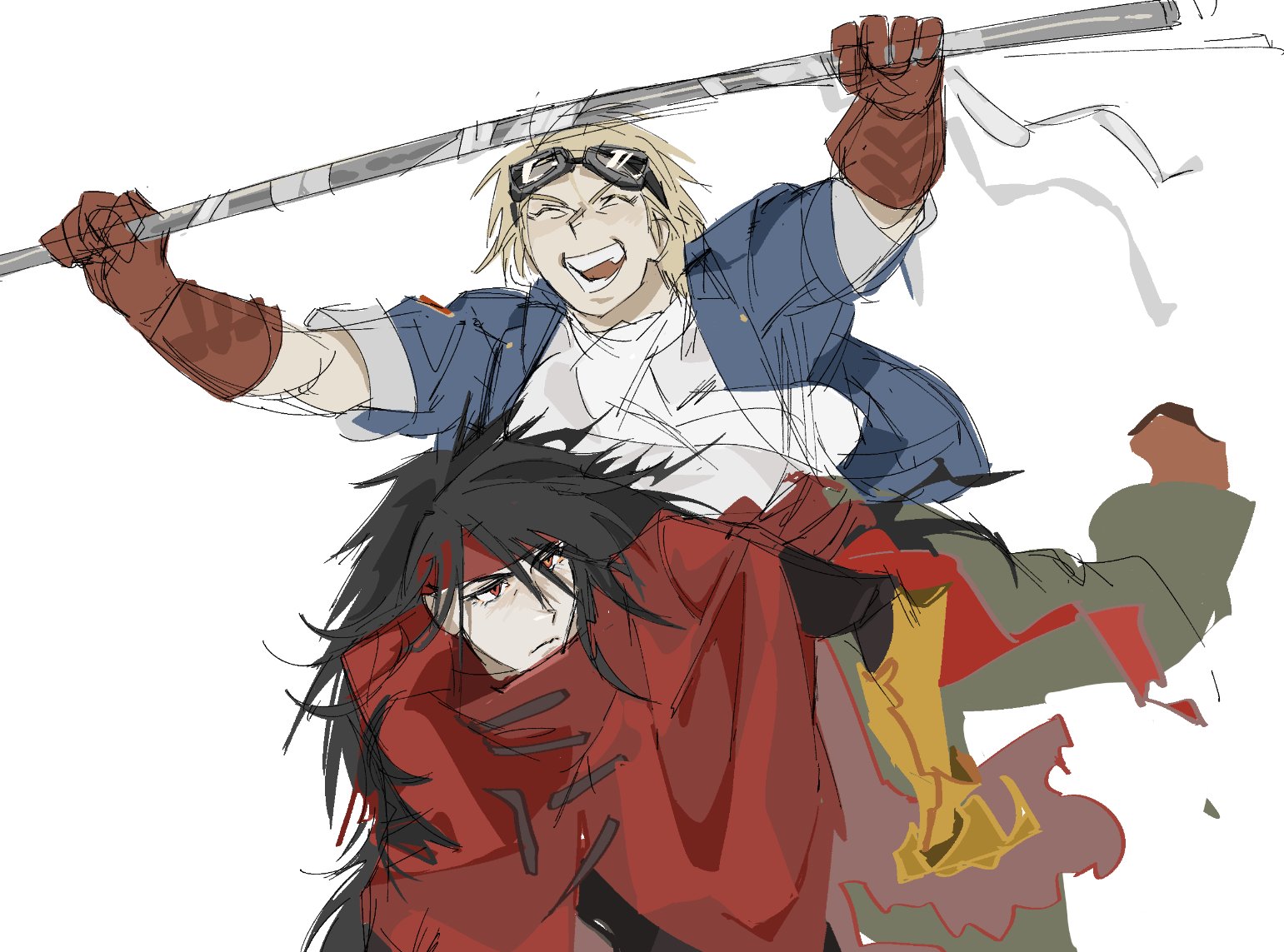 xiehuangxb, cid highwind, vincent valentine, final fantasy, final fantasy vii, 2girls, ascot, black hair, blonde hair, blue jacket, boots, brown boots, brown gloves, clawed gauntlets, cloak, closed eyes, frown, genderswap, genderswap (mtf), gloves, goggles, goggles on head, grey pants, hair between eyes, headband, holding, holding polearm, holding weapon, jacket, long hair, multiple girls, open mouth, pale skin, pants, polearm, red cloak, red eyes, red headband, shirt, sketch, sleeves rolled up, smile, upper body, weapon, white ascot, white background, white shirt