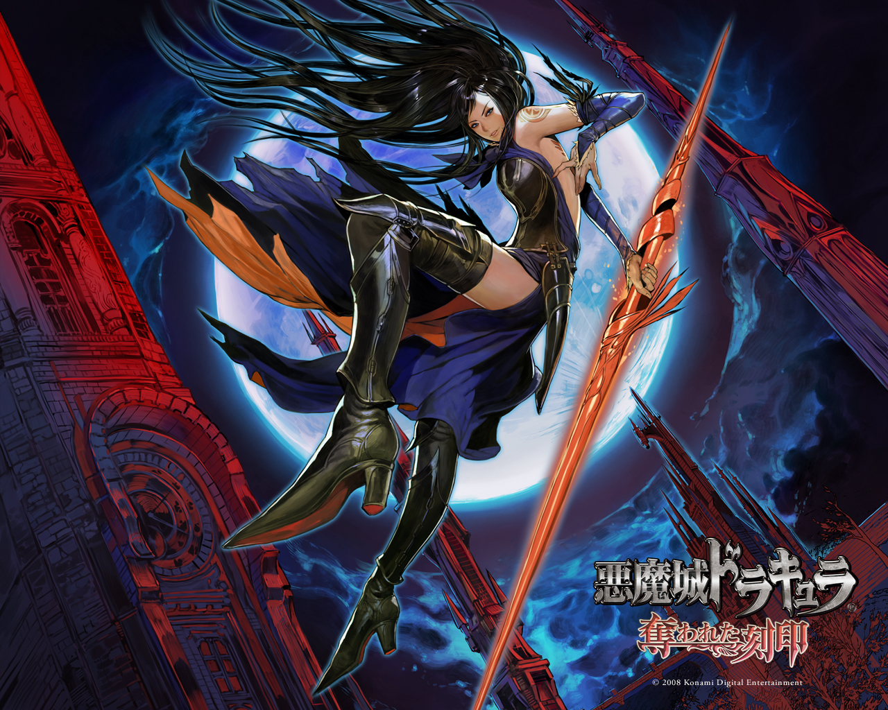 hirooka masaki, shanoa (castlevania), castlevania: order of ecclesia, castlevania (series), konami, official art, official wallpaper, 1girl, armpits, backless outfit, bare shoulders, black hair, black thighhighs, blue eyes, boots, bridal gauntlets, dress, falling, female focus, full body, full moon, glowing, goth fashion, high heels, long hair, moon, night, night sky, outdoors, polearm, shoes, sky, solo, spear, sword, tattoo, thigh boots, thighhighs, very long hair, weapon, zettai ryouiki
