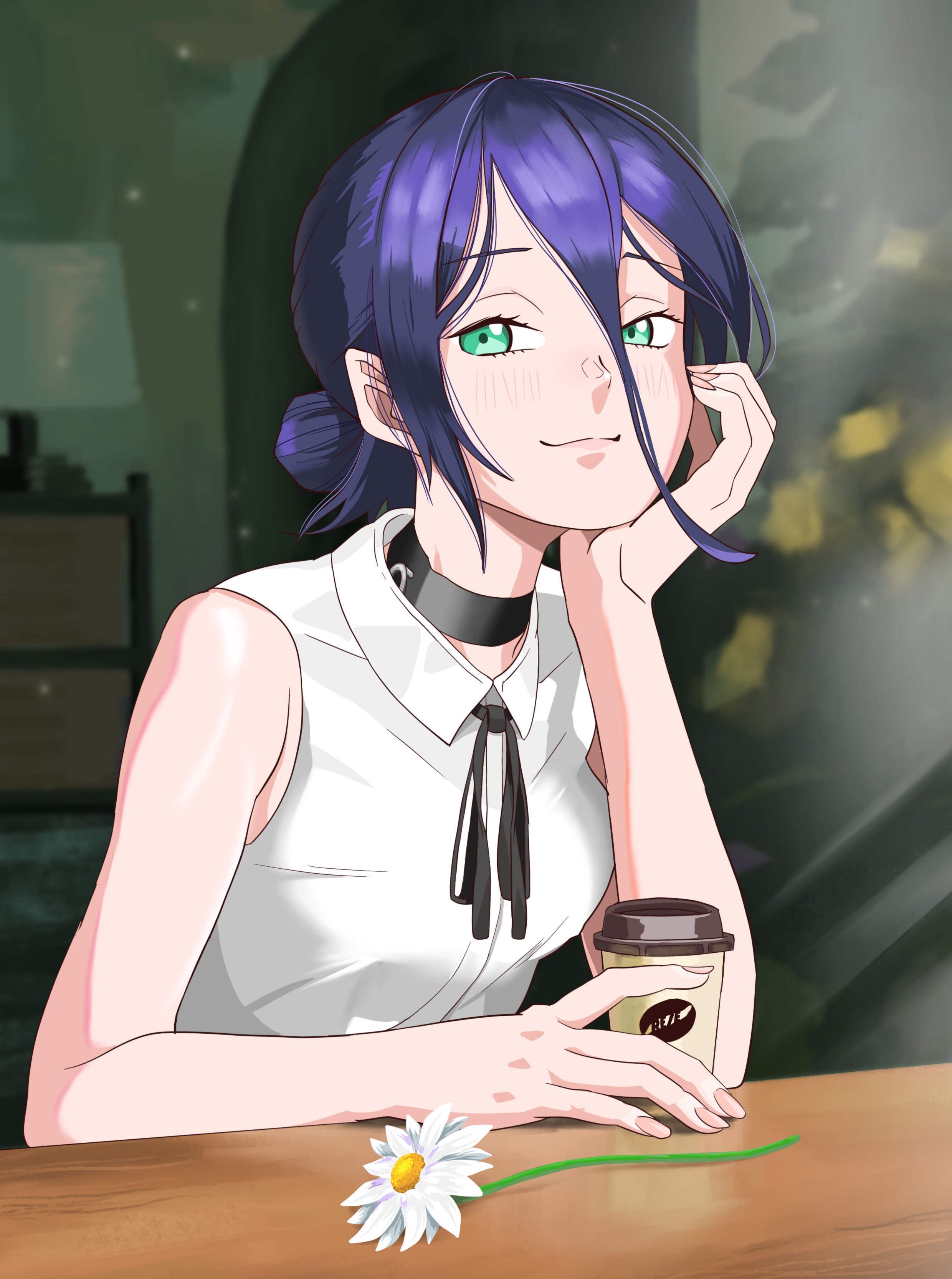 reze (chainsaw man), chainsaw man, absurdres, commentary request, highres, 1girl, black choker, black ribbon, blue hair, breasts, cafe, choker, closed mouth, collared shirt, cup, disposable coffee cup, disposable cup, flower, green eyes, hair between eyes, hair bun, hand on own chin, head rest, indoors, lamppost, neck ribbon, ribbon, sanuki tonko, shirt, sleeveless, sleeveless shirt, small breasts, solo, table, white flower, white shirt