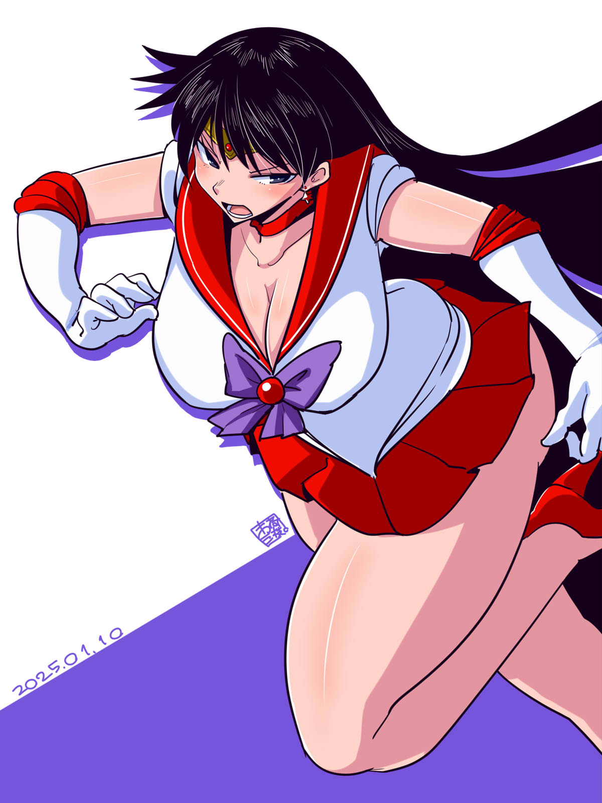 itini-sanshi, hino rei, sailor mars, bishoujo senshi sailor moon, commentary request, highres, 1girl, black eyes, black hair, blush, bow, bowtie, breasts, choker, circlet, cleavage, dated, earrings, elbow gloves, foot out of frame, gloves, high heels, jewelry, large breasts, long hair, looking at viewer, lower teeth only, miniskirt, open mouth, pleated skirt, purple background, purple bow, purple bowtie, red choker, red sailor collar, red shoes, red skirt, sailor collar, sailor senshi uniform, shirt, shoes, skirt, sleeveless, sleeveless shirt, solo, teeth, underbutt, v-shaped eyebrows, very long hair, white background, white gloves, white shirt