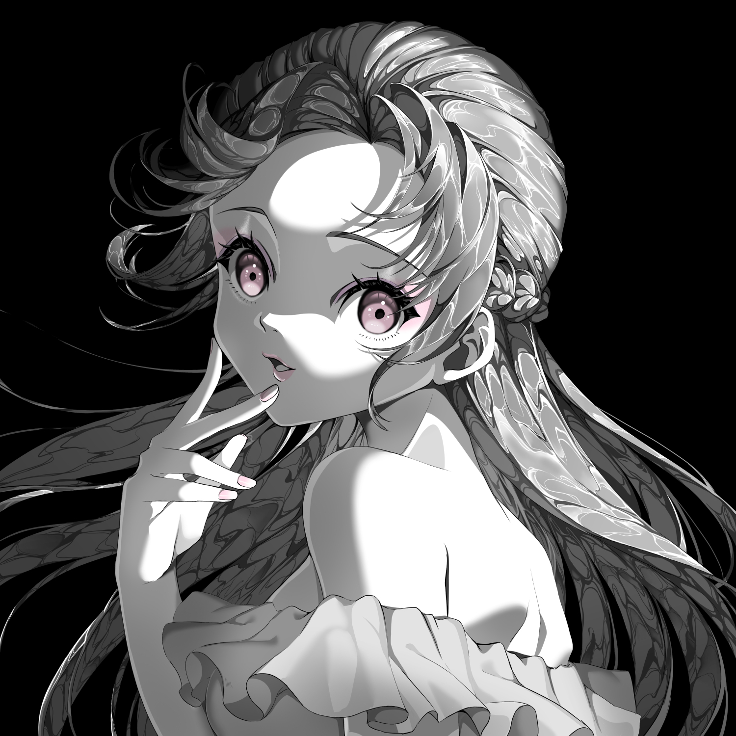 akami fumio, original, highres, 1girl, bare shoulders, black background, breasts, bright pupils, eyeshadow, forehead, frilled shirt, frills, from side, hand up, long hair, looking at viewer, looking to the side, makeup, medium breasts, monochrome, nail polish, off-shoulder shirt, off shoulder, pink eyeshadow, pink hair, pink lips, pink nails, shirt, simple background, solo, spot color, upper body