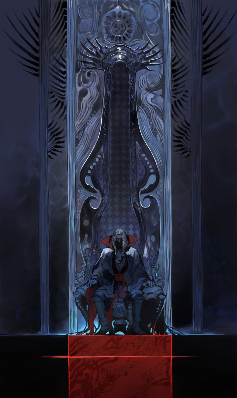 hirooka masaki, dracula, dracula (castlevania), castlevania: order of ecclesia, castlevania (series), highres, official art, 1boy, boots, cape, chair, dark, glowing, glowing eyes, goth fashion, high collar, indoors, male focus, red eyes, sitting, solo, throne, white hair, wide shot