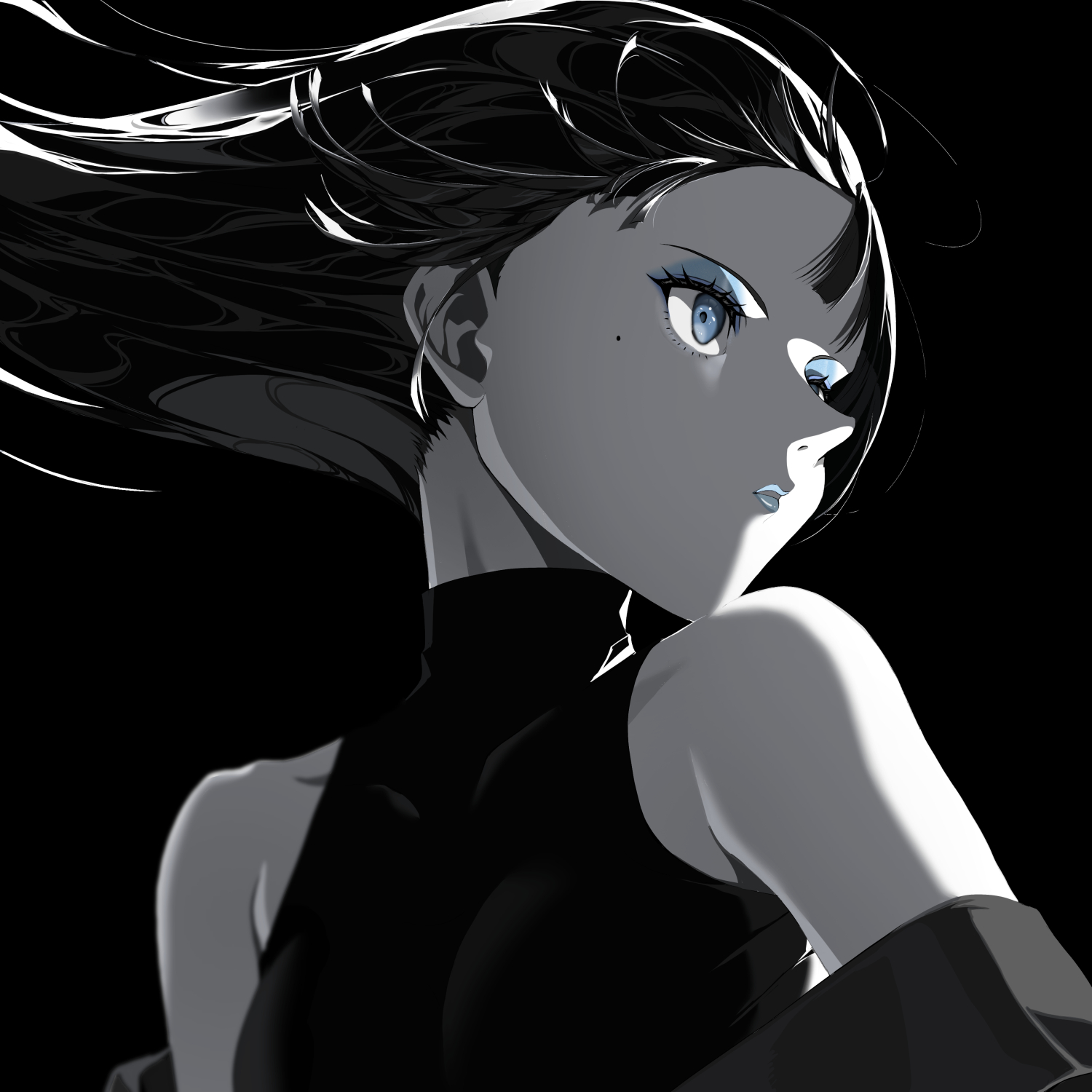 akami fumio, original, highres, 1girl, bare shoulders, black background, blue eyes, blue eyeshadow, blue lips, breasts, covered collarbone, eyeshadow, floating hair, long hair, looking to the side, makeup, medium breasts, monochrome, shirt, sleeveless, sleeveless shirt, solo, spot color, upper body