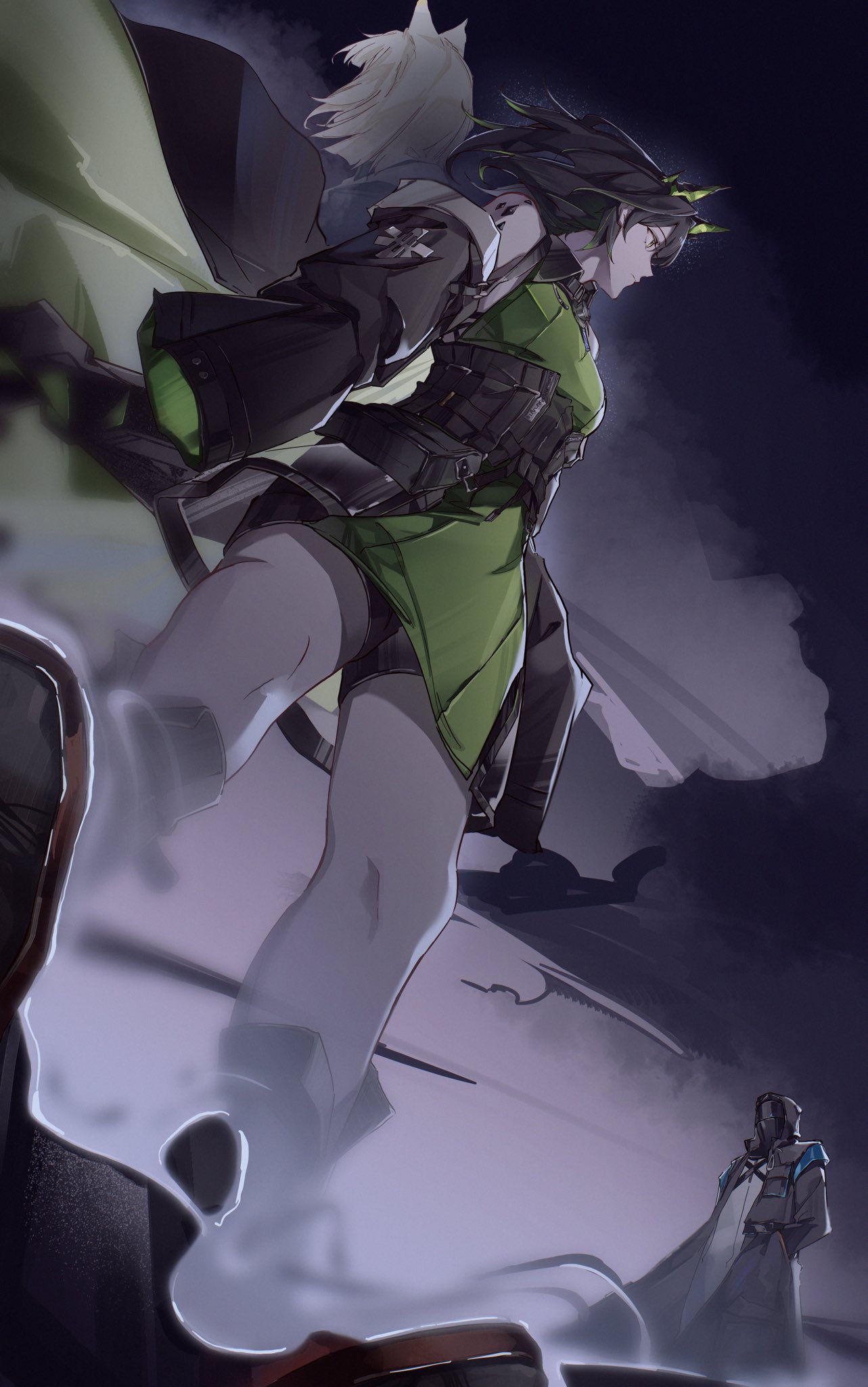 haaahoi, doctor (arknights), kal'tsit (arknights), mon3tr (arknights), arknights, commentary, highres, 1other, 2girls, ambiguous gender, bare legs, bare shoulders, black background, black boots, black coat, black collar, black hair, black jacket, black shorts, boots, breasts, closed mouth, coat, collar, crystal horns, crystal tail, detached collar, dress, expressionless, faceoff, floating hair, from below, from side, full body, green dress, green eyes, green jacket, green streaks, hair between eyes, hands in pockets, hood, hood up, hooded coat, jacket, long hair, long sleeves, looking ahead, looking at another, material growth, medium breasts, multicolored hair, multiple girls, nose, off shoulder, oripathy lesion (arknights), profile, rhodes island uniform, short shorts, shorts, shorts under dress, sidelocks, simple background, sleeveless, sleeveless dress, sleeves past fingers, sleeves past wrists, smoke, solo, star of life, stethoscope, stethoscope around neck, streaked hair, two-sided fabric, two-sided jacket, underbust, wind, wind lift