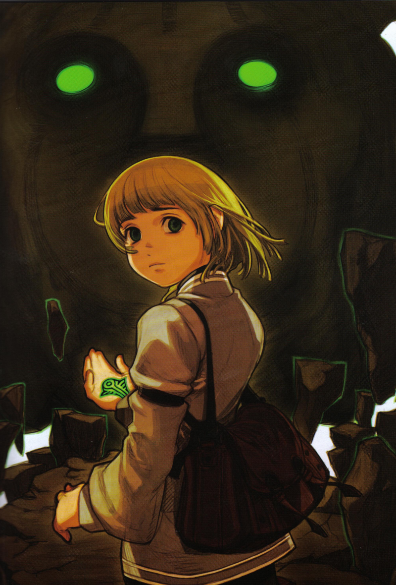 seere (drag-on dragoon), drag-on dragoon, drag-on dragoon 1, non-web source, official art, 1boy, blonde hair, child, golem, male focus, short hair, solo, tattoo