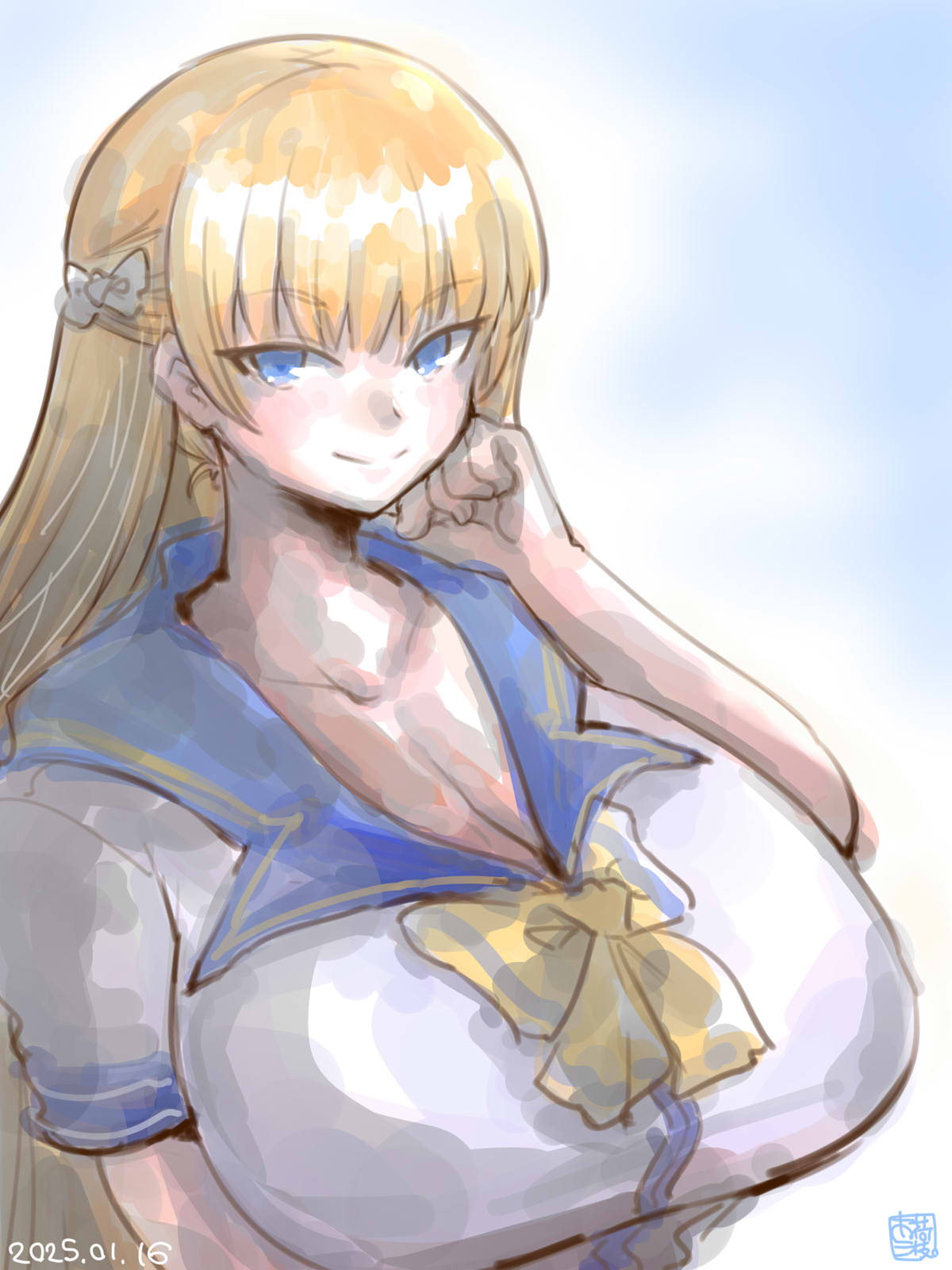 itini-sanshi, mariana princilla, reco love, reco love gold beach, commentary request, highres, 1girl, blonde hair, blue eyes, blue sailor collar, bow, bowtie, breasts, closed mouth, dated, hand in own hair, huge breasts, long hair, looking at viewer, sailor collar, shirt, short sleeves, smile, solo, upper body, white background, white shirt, yellow bow, yellow bowtie