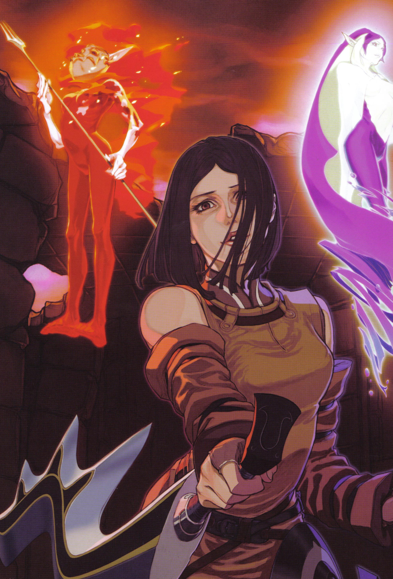 fujisaka kimihiko, arioch (drag-on dragoon), drag-on dragoon, drag-on dragoon 1, non-web source, official art, 2girls, brown eyes, brown hair, elbow gloves, fantasy, gloves, multiple girls, weapon