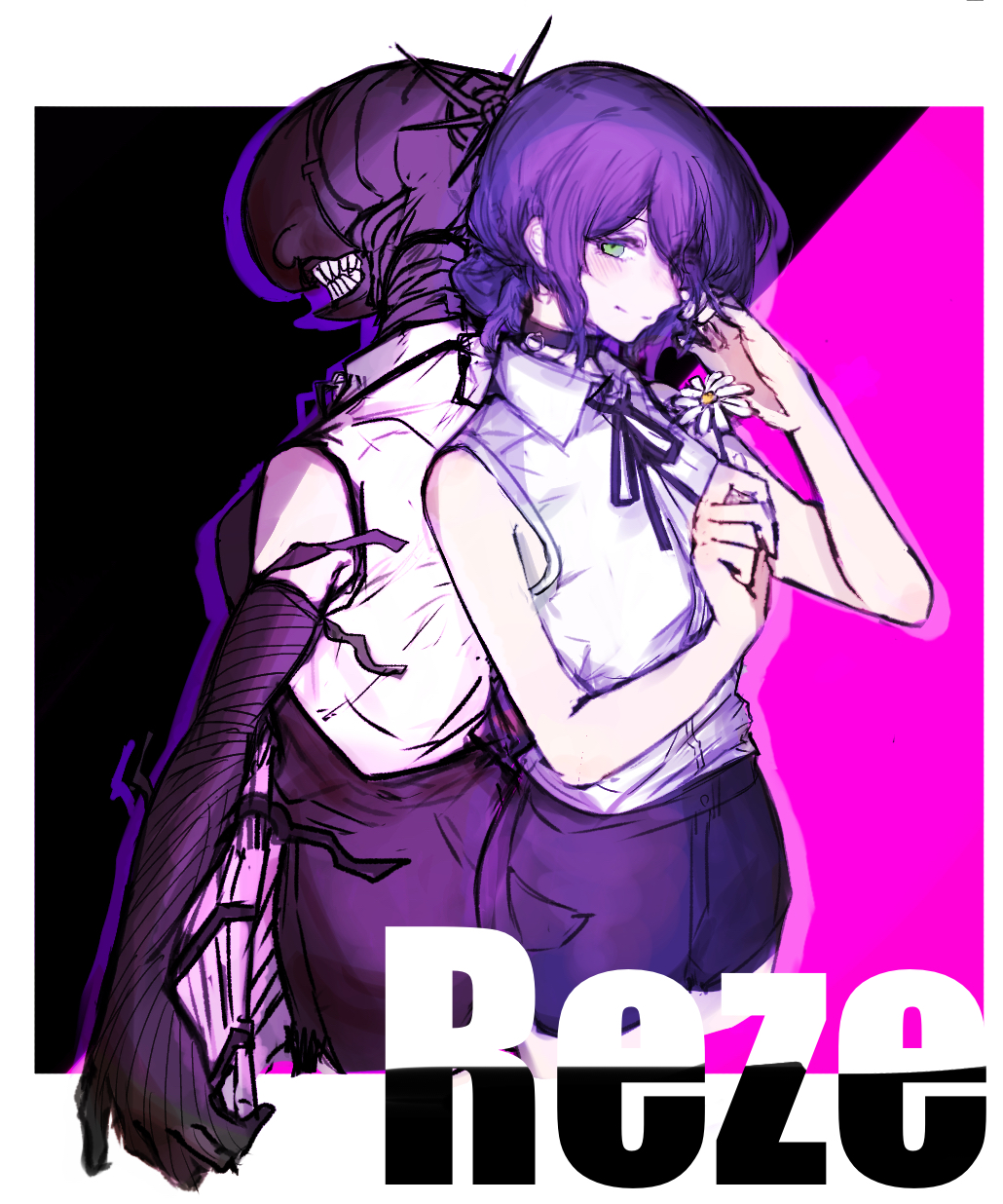 bomb devil (chainsaw man), reze (chainsaw man), chainsaw man, commentary request, highres, 2girls, back-to-back, black ribbon, character name, choker, closed mouth, collared shirt, elbow gloves, flower, gloves, holding, holding flower, hosakana, multiple girls, neck ribbon, object head, purple choker, purple gloves, purple hair, purple shorts, ribbon, shirt, shirt tucked in, shorts, sleeveless, sleeveless shirt, white flower, white shirt