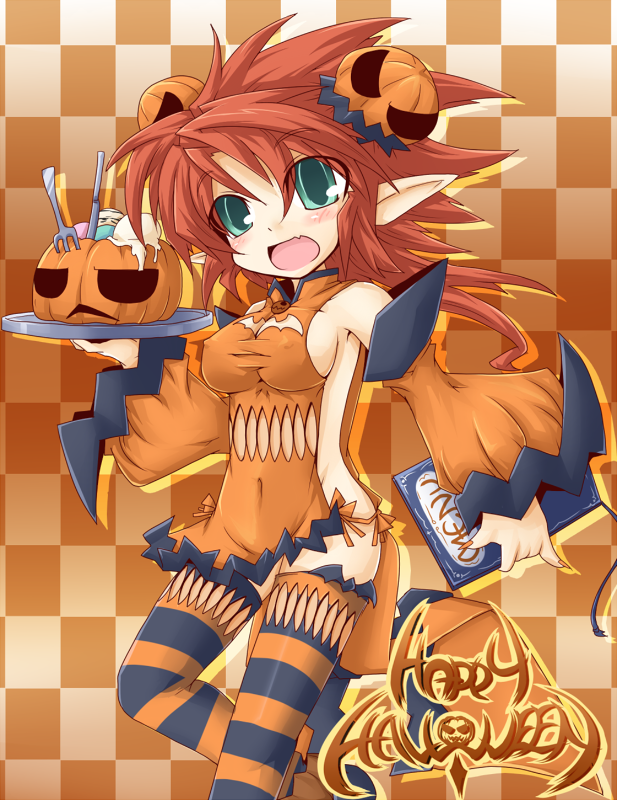 reku, rex (artist), 1girl, :d, checkered background, covered navel, detached sleeves, fang, female focus, food, food-themed hair ornament, fork, green eyes, hair ornament, halloween, happy halloween, ice cream, jack-o'-lantern, knife, menu, naked tabard, open mouth, orange background, orange theme, pointy ears, pumpkin, pumpkin hair ornament, red hair, short hair, smile, solo, spiked hair, standing, standing on one leg, striped clothes, striped thighhighs, tabard, thighhighs