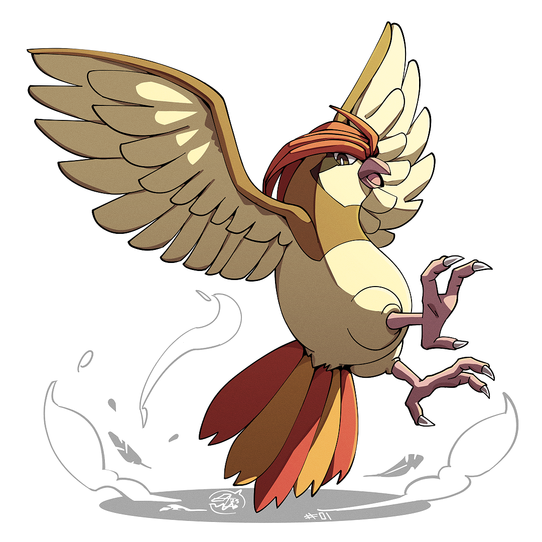 mistray-art, pidgeotto, nintendo, pokemon, clip studio paint (medium), beak, bird, falling petals, gen 1 pokemon, looking at viewer, no humans, open mouth, petals, pokemon (creature), simple background, solo, white background