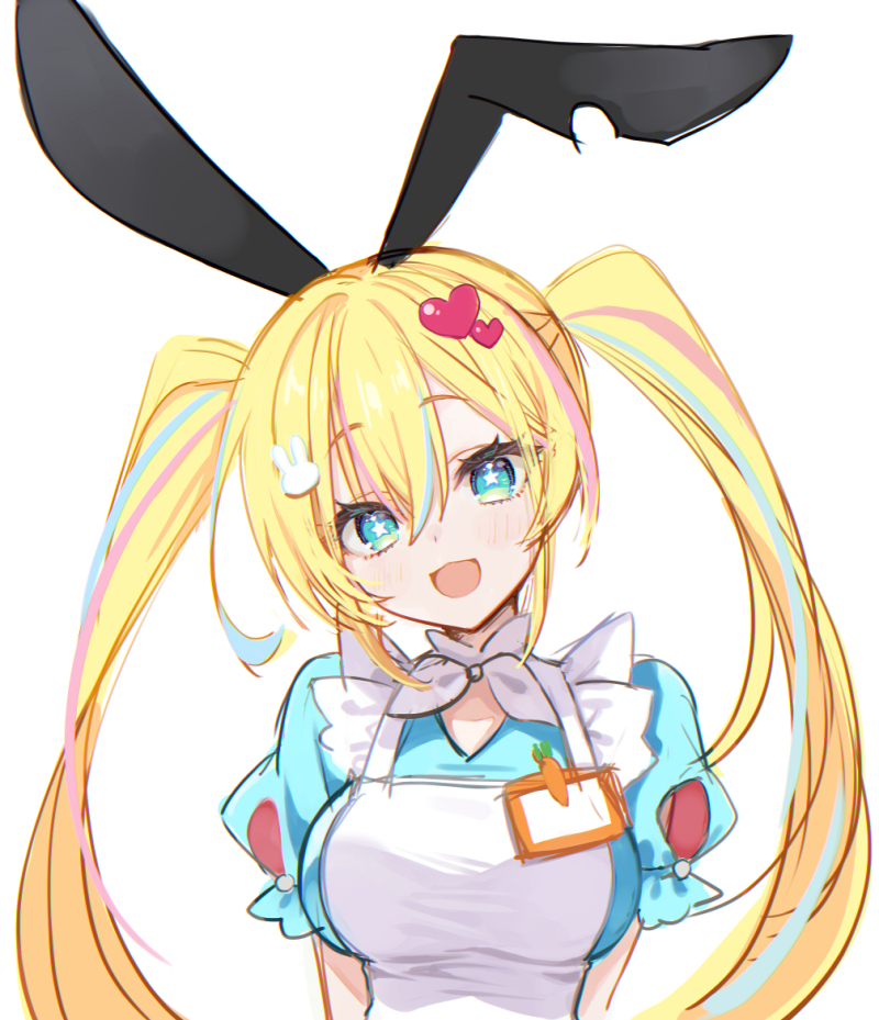 muririn, character request, commentary request, 1girl, animal ears, apron, blonde hair, blouse, blue hair, blue shirt, blush, breasts, copyright notice, green eyes, hair between eyes, hair ornament, heart, heart hair ornament, large breasts, long hair, looking at viewer, multicolored hair, open mouth, pink hair, rabbit ears, rabbit hair ornament, raised eyebrows, shirt, short sleeves, simple background, smile, solo, star-shaped pupils, star (symbol), streaked hair, symbol-shaped pupils, white apron, white background