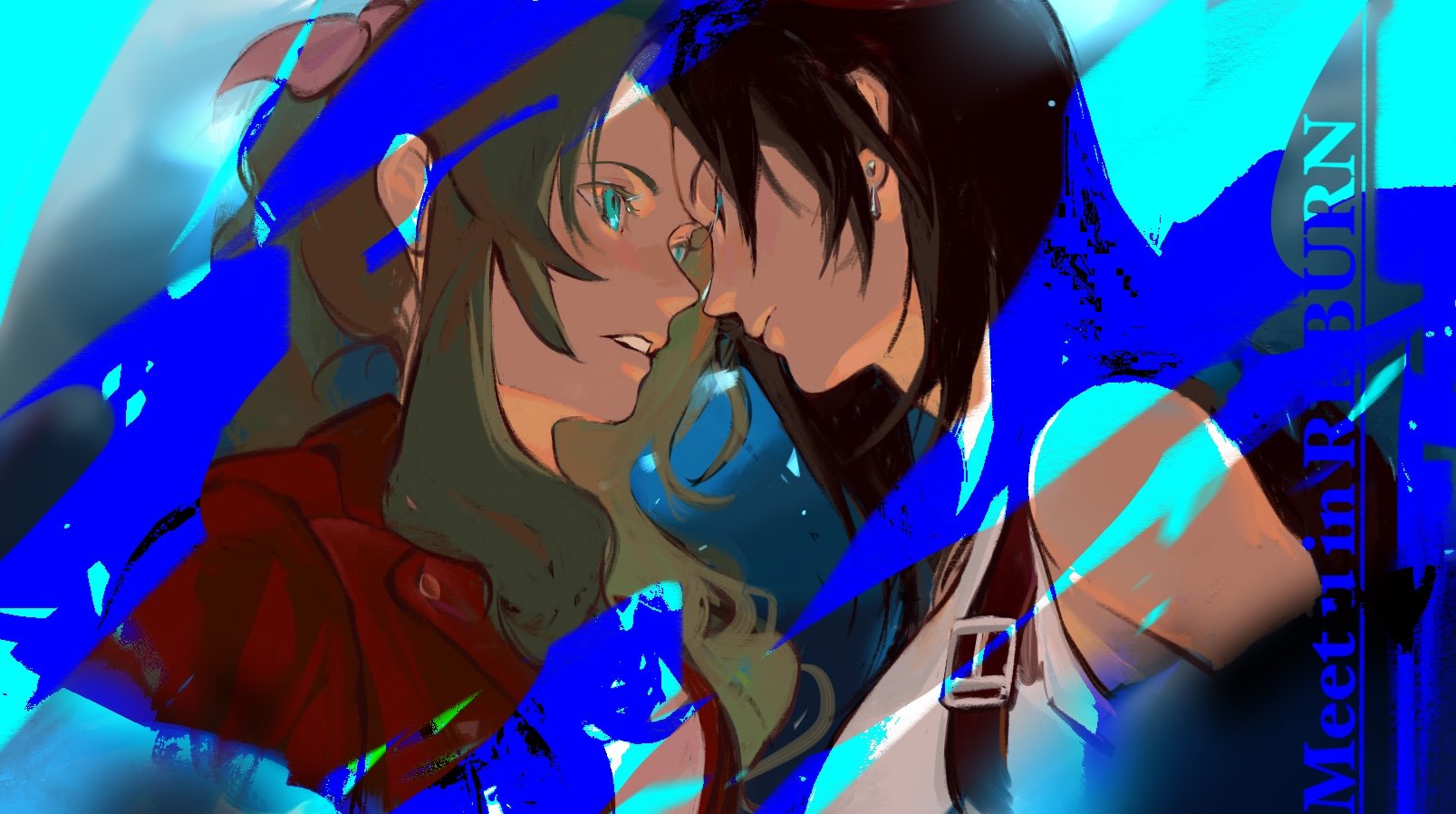 xiehuangxb, aerith gainsborough, tifa lockhart, final fantasy, final fantasy vii, highres, 2girls, bare shoulders, black hair, breasts, brown hair, closed eyes, closed mouth, dress, earrings, forehead-to-forehead, green eyes, hair ribbon, heads together, jacket, jewelry, looking at another, medium breasts, multiple girls, parted lips, pink dress, pink ribbon, ponytail, red jacket, ribbon, shirt, sidelocks, sketch, sleeveless, sleeveless shirt, suspenders, upper body, white shirt
