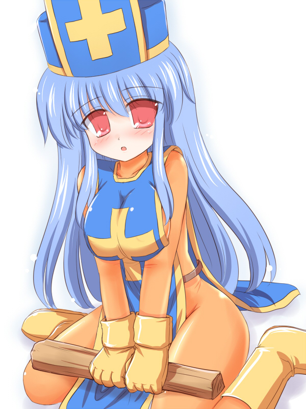 ry (yagoyago), priest (dq3), dragon quest, dragon quest iii, square enix, 1girl, blue hair, breasts, breasts squeezed together, female focus, hat, large breasts, latex, long hair, mitre, solo, tabard
