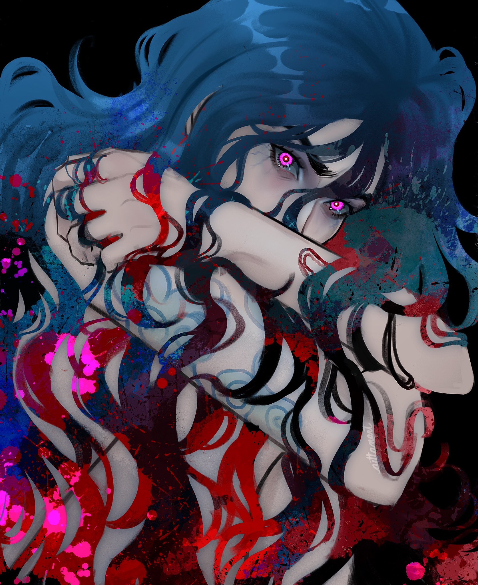 gittanart, arcane jinx, jinx (league of legends), arcane: league of legends, league of legends, highres, 1girl, arm tattoo, black background, blue hair, bright pupils, from side, glowing, glowing eye, hair censor, hugging own legs, long hair, looking at viewer, looking to the side, nude, pink eyes, simple background, sitting, solo, tattoo, upper body, wavy hair, white pupils