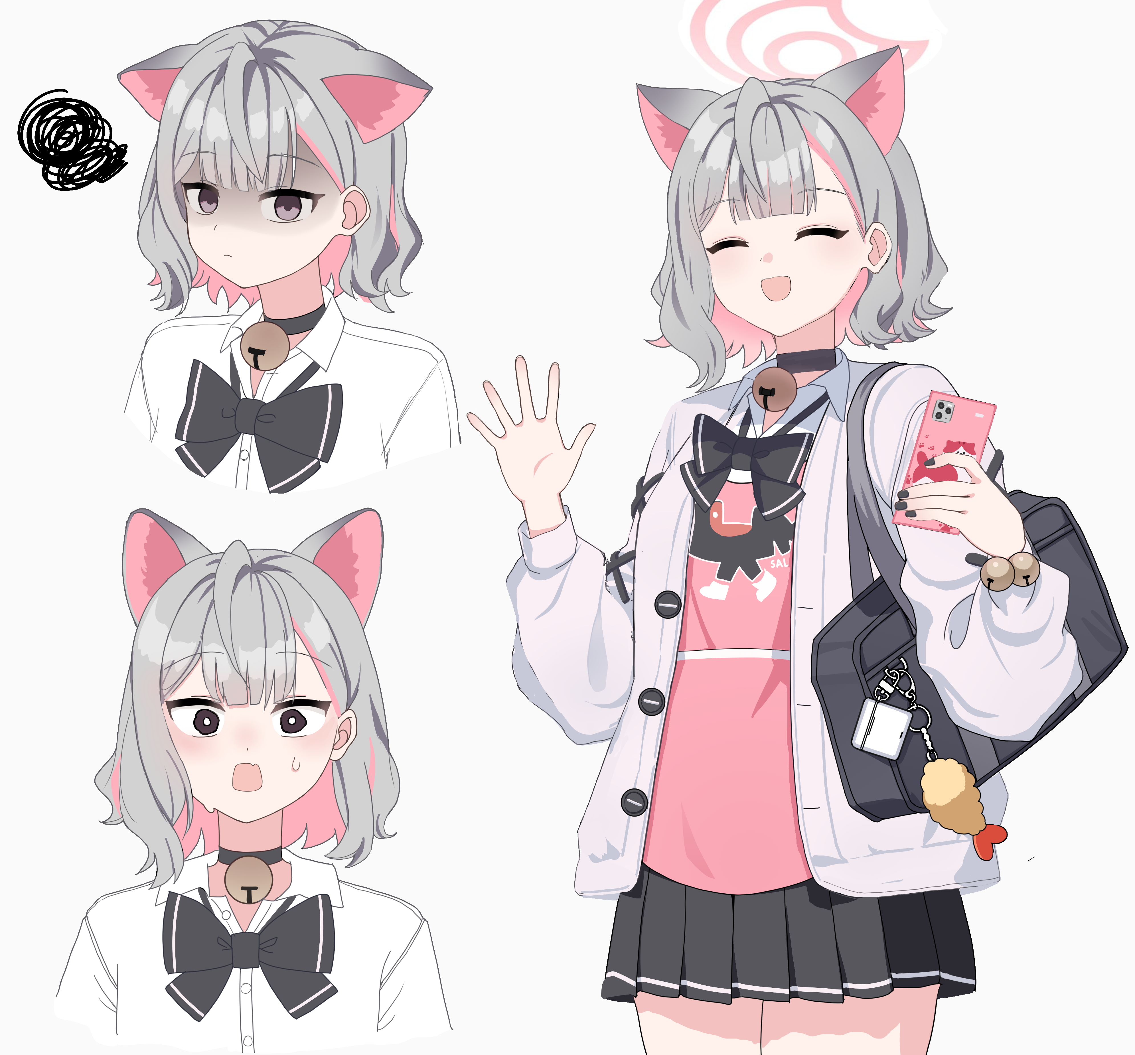 original, absurdres, commentary request, highres, 0 0, 1girl, :d, ^ ^, ahoge, animal ear fluff, animal ears, bag, bell, black bag, black bow, black bowtie, black choker, black nails, black skirt, blunt bangs, borrowed character, bow, bowtie, breasts, buttons, cat ears, cat girl, cellphone, charm (object), choker, closed eyes, collared shirt, cowboy shot, dot nose, double-parted bangs, dress shirt, ears down, fang, frustrated, grey eyes, grey hair, halo, hands up, holding, holding phone, jacket, light frown, long sleeves, looking at viewer, loose bowtie, medium hair, multicolored hair, multiple views, nail polish, neck bell, open mouth, phone, pink hair, pink halo, pink shirt, pleated skirt, portrait, print shirt, puffy sleeves, raised eyebrows, ribera, shaded face, shirt, shoulder bag, simple background, single sidelock, skin fang, skirt, small breasts, smartphone, smile, surprised, sweatdrop, thighs, two-tone hair, waving, white background, white jacket, white shirt, wide-eyed