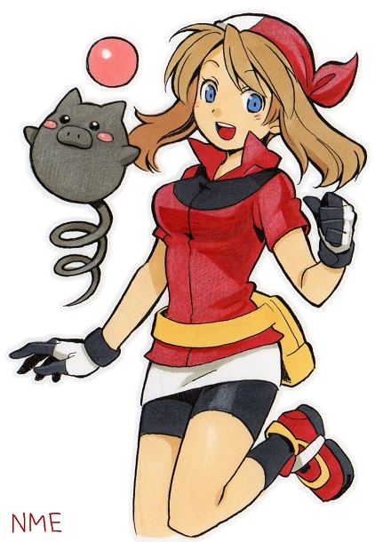 numae kaeru, may (pokemon), spoink, nintendo, pokemon, pokemon rse, commentary request, 1girl, bandana, bike shorts, bike shorts under skirt, black shorts, black socks, blue eyes, blush, blush stickers, breasts, brown hair, clenched hand, eyelashes, full body, gen 3 pokemon, gloves, medium hair, nostrils, open mouth, pokemon (creature), red bandana, red shirt, red shoes, shirt, shoes, shorts, simple background, skirt, smile, socks, teeth, upper teeth only, white background, white skirt