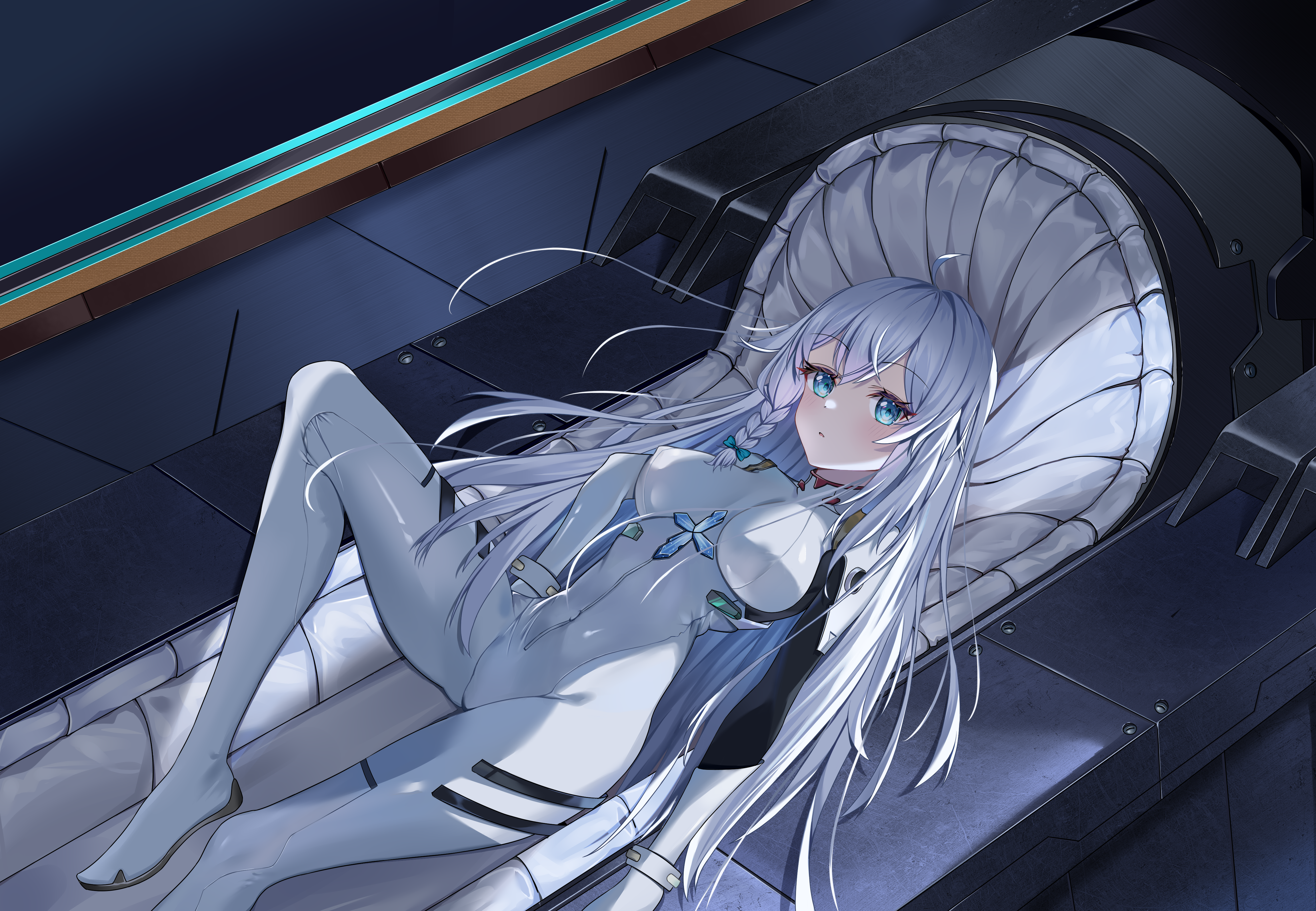 listjoy, original, absurdres, chinese commentary, commentary request, highres, 1girl, ahoge, blue bow, blue eyes, blush, bodysuit, bow, braid, breasts, breasts apart, covered erect nipples, dutch angle, eyelashes, foot out of frame, grey hair, hair between eyes, hair bow, hair spread out, impossible bodysuit, impossible clothes, indoors, knee up, large breasts, long hair, looking at viewer, lying, on back, parted lips, sidelighting, single braid, solo, very long hair, white bodysuit
