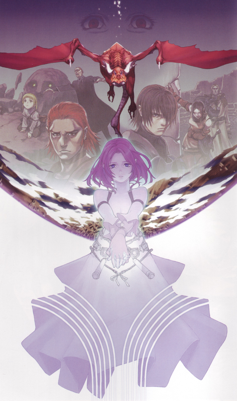 fujisaka kimihiko, angel (drag-on dragoon), arioch (drag-on dragoon), caim (drag-on dragoon), furiae, inuart, leonard (drag-on dragoon), seere (drag-on dragoon), verdelet, drag-on dragoon, drag-on dragoon 1, highres, non-web source, official art, 3girls, 4boys, blonde hair, brown hair, casual, child, dragon, dress, everyone, golem, male focus, multiple boys, multiple girls, purple hair, red eyes, red hair, short hair, tattoo