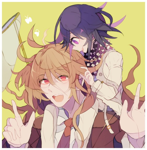 sakura (fein5862817), gokuhara gonta, oma kokichi, danganronpa (series), danganronpa v3: killing harmony, commentary request, 2boys, arm belt, belt, belt buckle, black scarf, blazer, border, brown hair, brown jacket, buckle, bug, butterfly, butterfly net, buttons, checkered clothes, checkered scarf, collared jacket, collared shirt, dark-skinned male, dark skin, double-breasted, eyelashes, feet out of frame, gold buttons, green background, hair between eyes, hand net, hands up, happy, insect, jacket, lapels, long hair, long sleeves, looking ahead, looking at another, male focus, messy hair, multicolored buttons, multiple belts, multiple boys, necktie, notched lapels, open belt, open mouth, pants, pointy nose, purple eyes, purple hair, red necktie, scarf, shirt, short hair, simple background, single sidelock, sitting on shoulder, size difference, smile, teeth, thigh belt, thigh strap, two-tone scarf, upper body, upper teeth only, white belt, white border, white jacket, white pants, white scarf, white shirt, wrist belt
