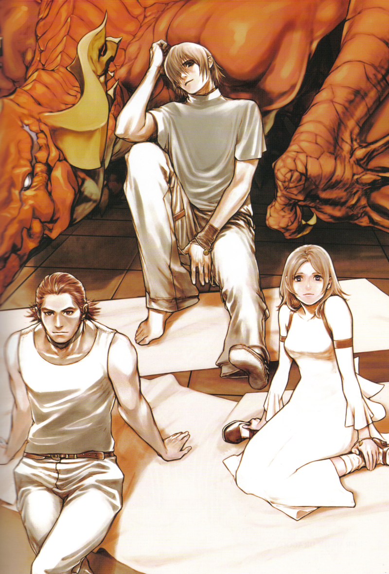 fujisaka kimihiko, angel (drag-on dragoon), caim (drag-on dragoon), furiae, inuart, drag-on dragoon, drag-on dragoon 1, non-web source, official art, 1girl, 2boys, arm support, brown eyes, brown hair, casual, crossed legs, dragon, male focus, multiple boys, short hair, sitting, wariza