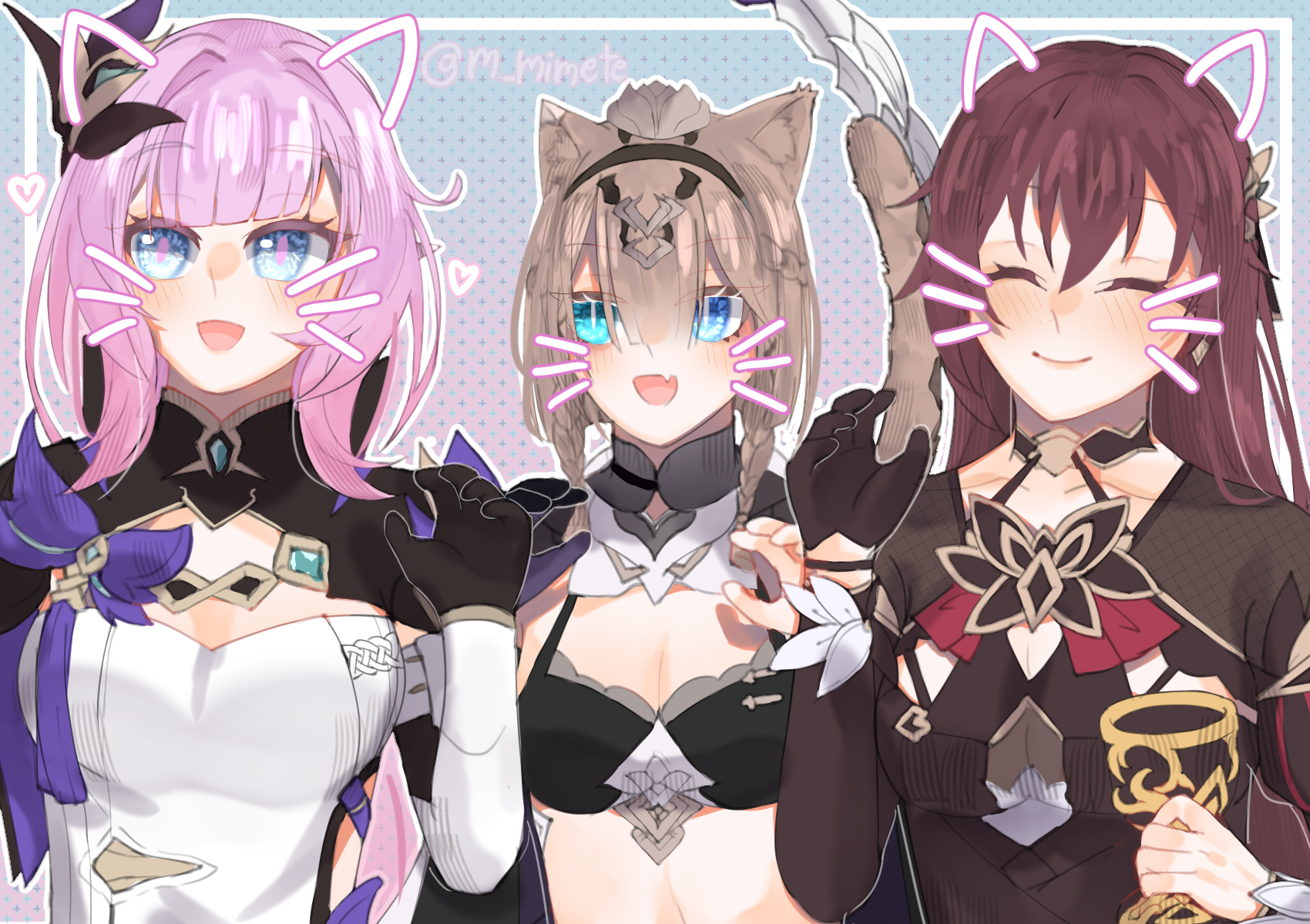 misapit, eden (honkai impact), elysia (honkai impact), elysia (miss pink elf) (honkai impact), pardofelis, pardofelis (reverist calico), honkai (series), honkai impact 3rd, commentary request, highres, 3girls, animal ears, bikini, black bikini, black dress, black gloves, blue background, blue eyes, breasts, brown hair, cat ears, cat girl, cat tail, cleavage, corset, cup, drawn ears, drawn whiskers, dress, elf, face filter, gloves, green eyes, heterochromia, holding, holding cup, large breasts, long hair, medium breasts, multiple girls, open mouth, pink hair, pointy ears, short hair with long locks, shrug (clothing), smile, swimsuit, tail, twitter username, very long hair, white corset